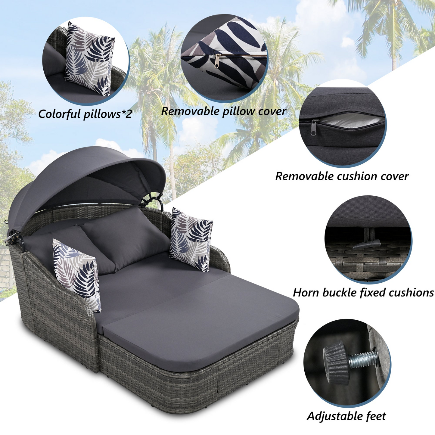 [product_type] | 79.9" Outdoor Sunbed with Adjustable Canopy, Double Lounge, PE Rattan Daybed, Gray Wicker and Cushion | casafoyer.myshopify.com