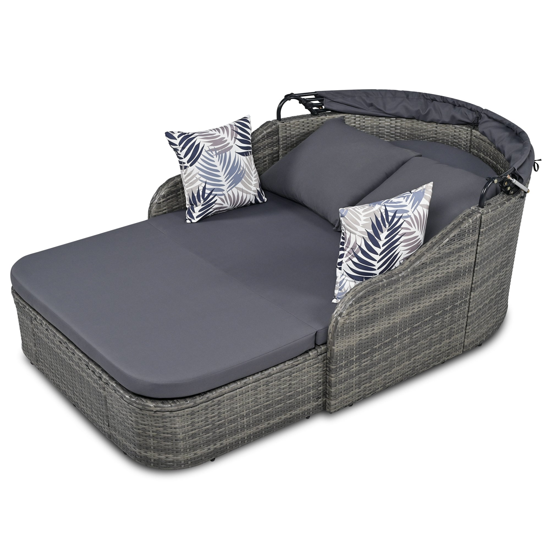 [product_type] | 79.9" Outdoor Sunbed with Adjustable Canopy, Double Lounge, PE Rattan Daybed, Gray Wicker and Cushion | casafoyer.myshopify.com