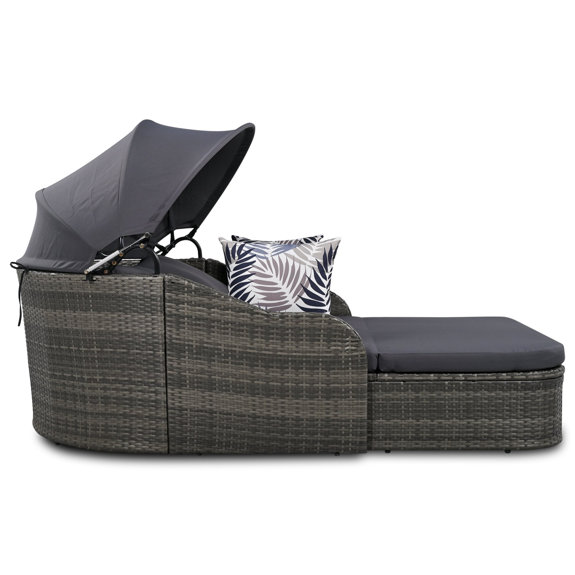 [product_type] | 79.9" Outdoor Sunbed with Adjustable Canopy, Double Lounge, PE Rattan Daybed, Gray Wicker and Cushion | casafoyer.myshopify.com