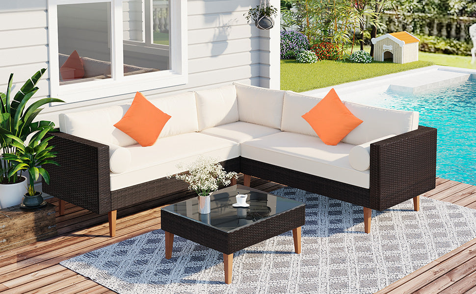 Patio Furntiure Sets | 4-pieces Outdoor Wicker Sofa Set, Patio Furniture with Colorful Pillows, L-shape Sofa Set, Beige Cushions and Brown Rattan | casafoyer.myshopify.com