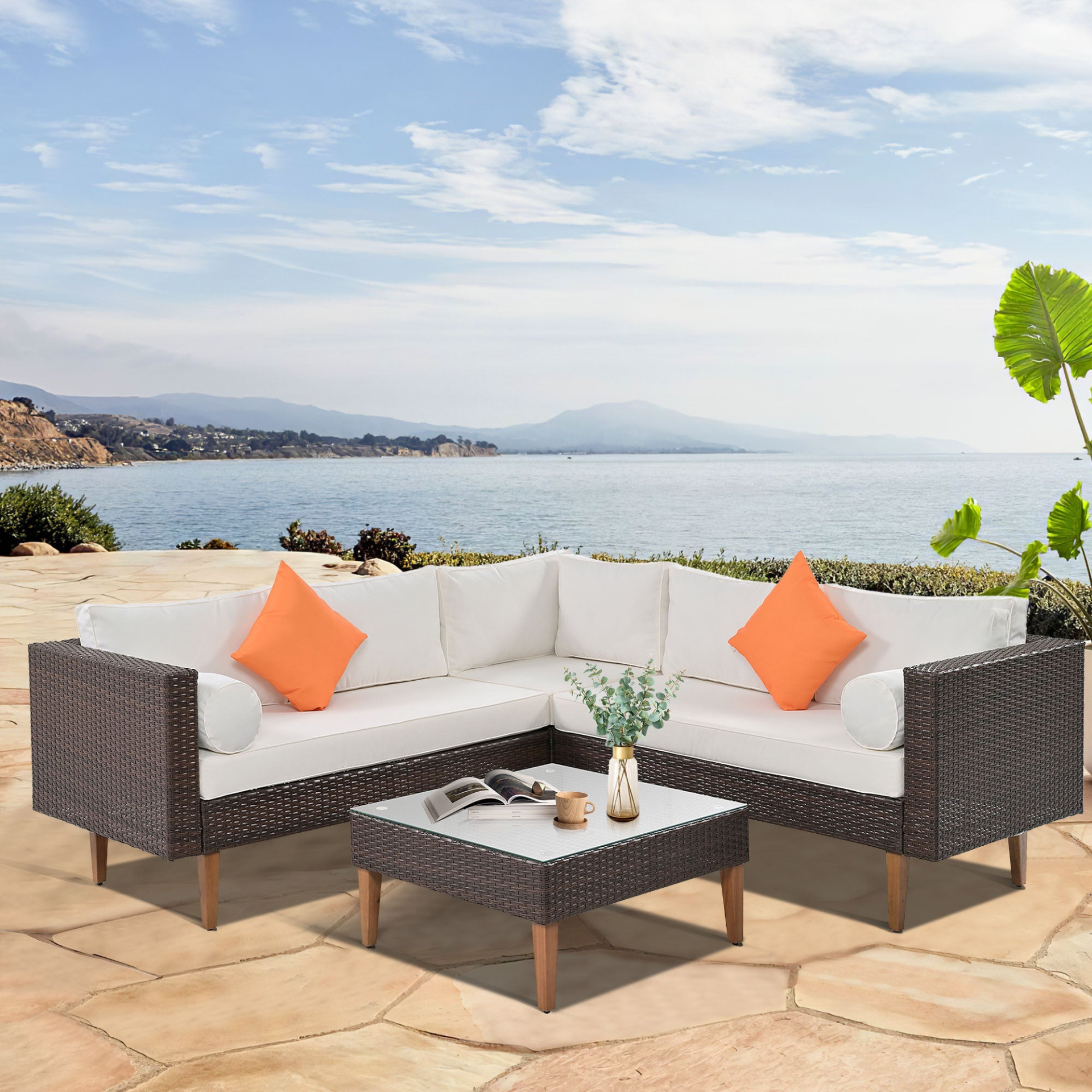 Patio Furntiure Sets | 4-pieces Outdoor Wicker Sofa Set, Patio Furniture with Colorful Pillows, L-shape Sofa Set, Beige Cushions and Brown Rattan | casafoyer.myshopify.com