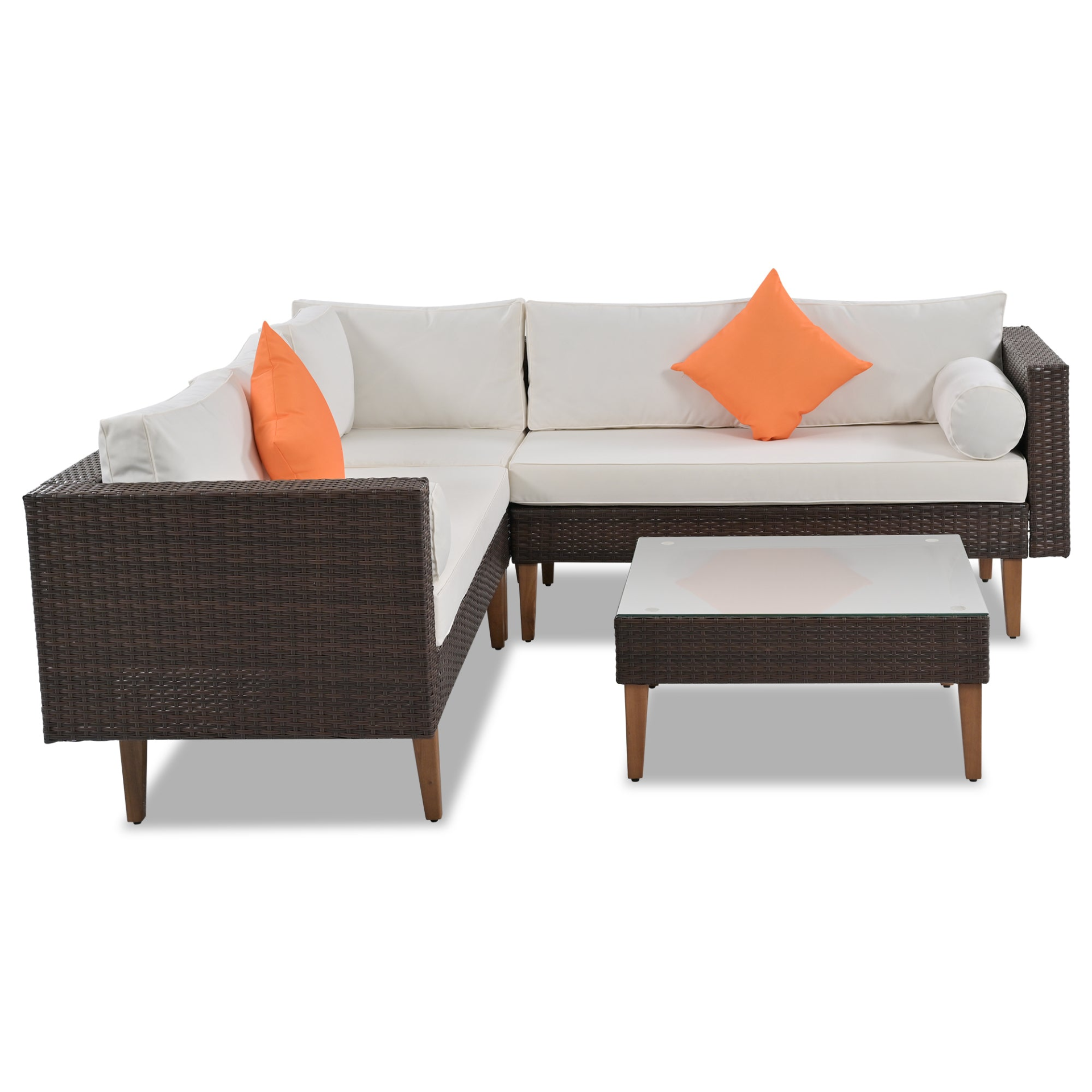 Patio Furntiure Sets | 4-pieces Outdoor Wicker Sofa Set, Patio Furniture with Colorful Pillows, L-shape Sofa Set, Beige Cushions and Brown Rattan | casafoyer.myshopify.com