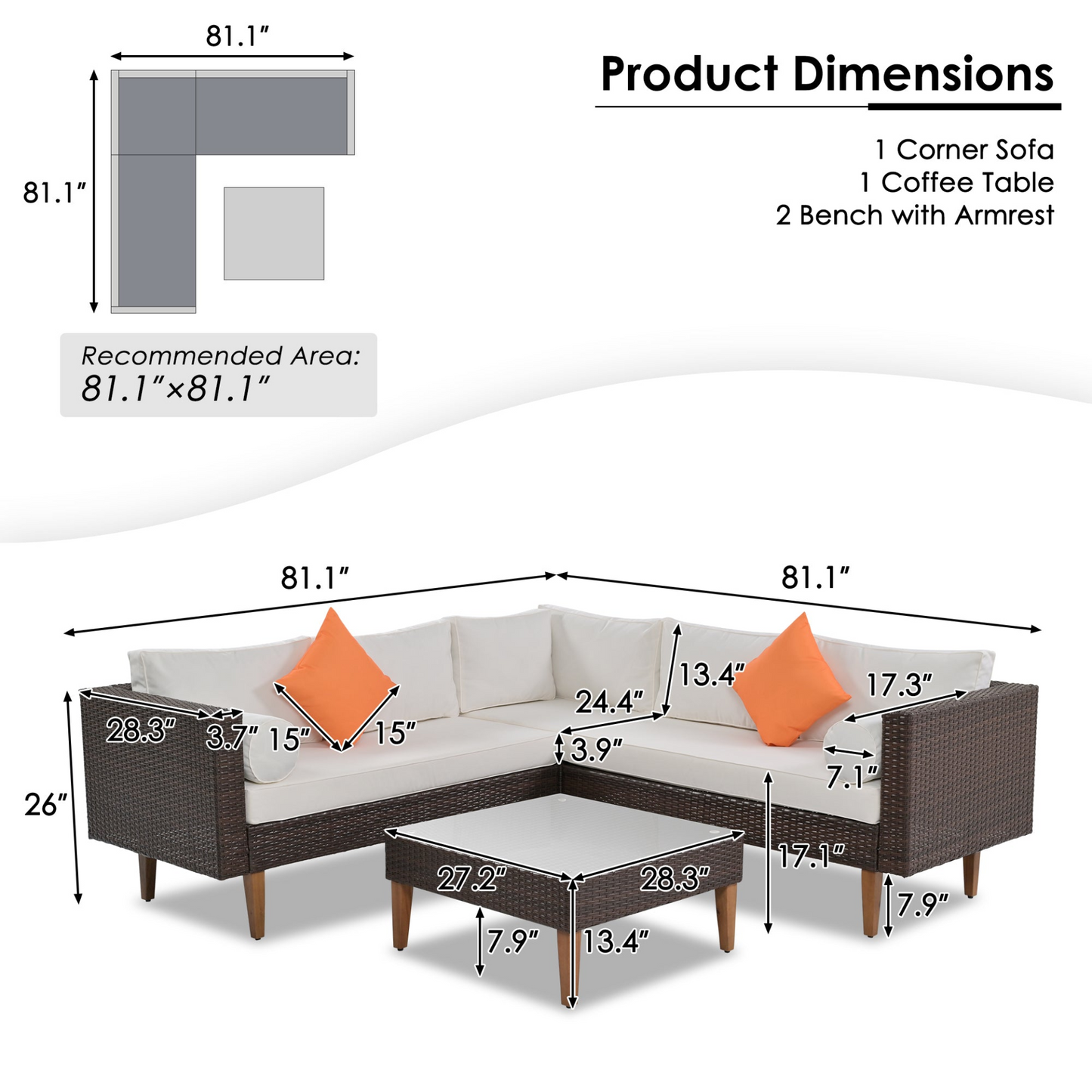 Patio Furntiure Sets | 4-pieces Outdoor Wicker Sofa Set, Patio Furniture with Colorful Pillows, L-shape Sofa Set, Beige Cushions and Brown Rattan | casafoyer.myshopify.com