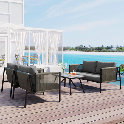 Sofa & Chair sets | 4-Piece Rope Sofa Set with Thick Cushions and Toughened Glass Table, All-Weather Patio Furniture Set, Gray | casafoyer.myshopify.com