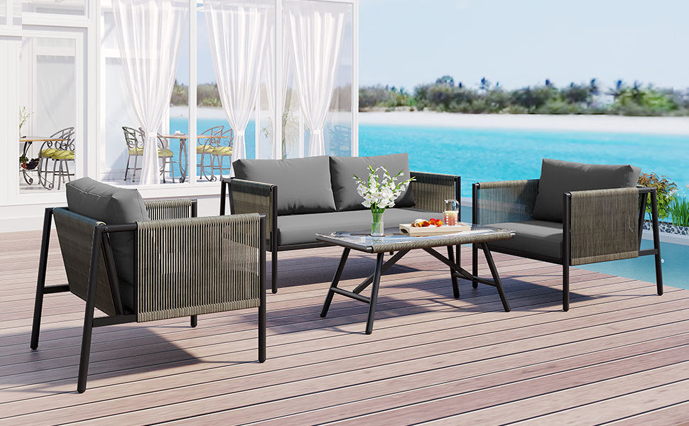 Sofa & Chair sets | 4-Piece Rope Sofa Set with Thick Cushions and Toughened Glass Table, All-Weather Patio Furniture Set, Gray | casafoyer.myshopify.com