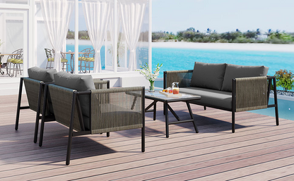 Sofa & Chair sets | 4-Piece Rope Sofa Set with Thick Cushions and Toughened Glass Table, All-Weather Patio Furniture Set, Gray | casafoyer.myshopify.com