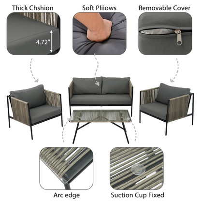 Sofa & Chair sets | 4-Piece Rope Sofa Set with Thick Cushions and Toughened Glass Table, All-Weather Patio Furniture Set, Gray | casafoyer.myshopify.com