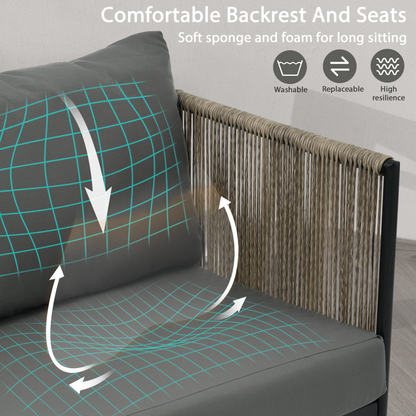 Sofa & Chair sets | 4-Piece Rope Sofa Set with Thick Cushions and Toughened Glass Table, All-Weather Patio Furniture Set, Gray | casafoyer.myshopify.com