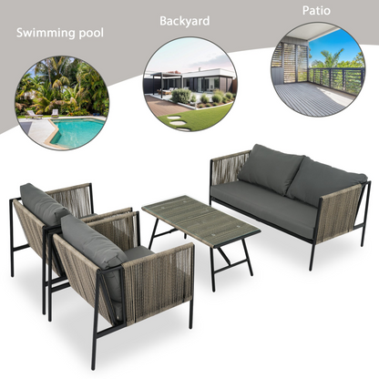 Sofa & Chair sets | 4-Piece Rope Sofa Set with Thick Cushions and Toughened Glass Table, All-Weather Patio Furniture Set, Gray | casafoyer.myshopify.com