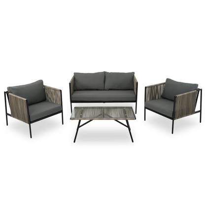 Sofa & Chair sets | 4-Piece Rope Sofa Set with Thick Cushions and Toughened Glass Table, All-Weather Patio Furniture Set, Gray | casafoyer.myshopify.com