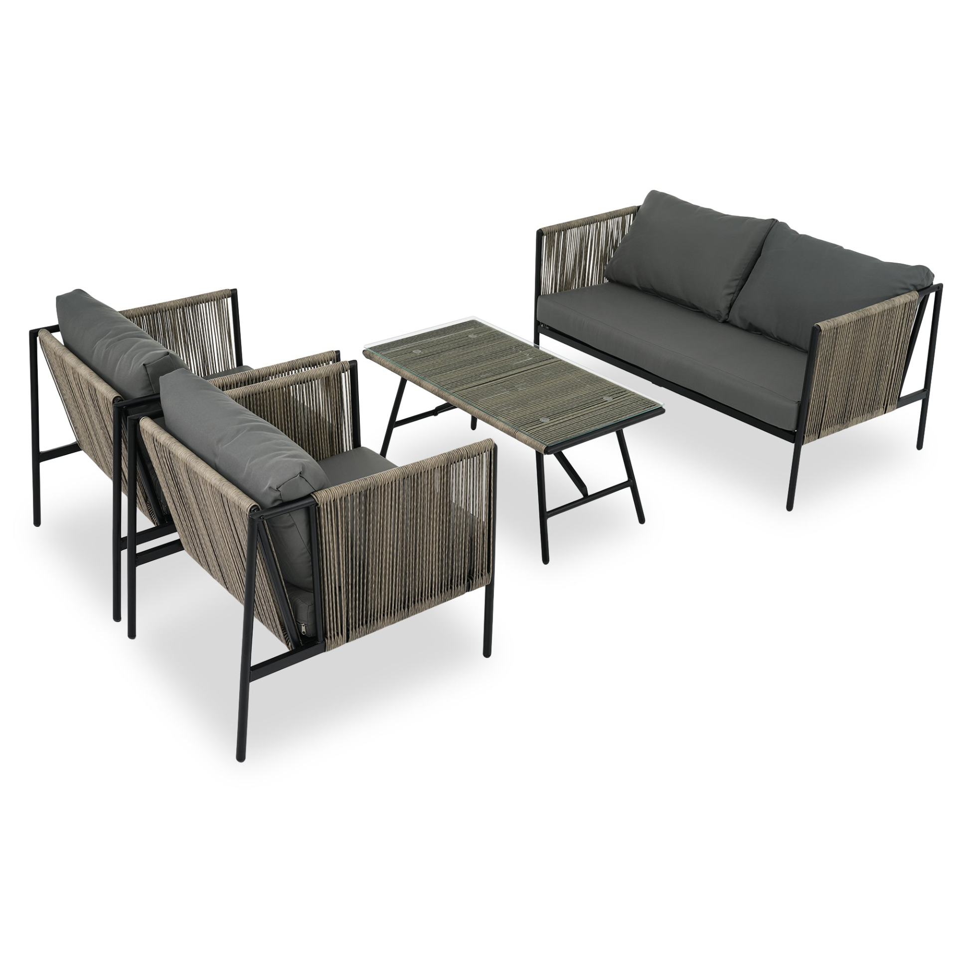 Sofa & Chair sets | 4-Piece Rope Sofa Set with Thick Cushions and Toughened Glass Table, All-Weather Patio Furniture Set, Gray | casafoyer.myshopify.com