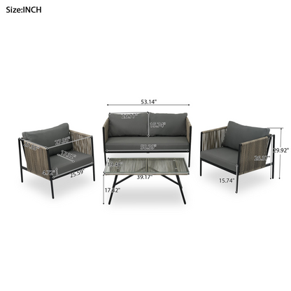Sofa & Chair sets | 4-Piece Rope Sofa Set with Thick Cushions and Toughened Glass Table, All-Weather Patio Furniture Set, Gray | casafoyer.myshopify.com