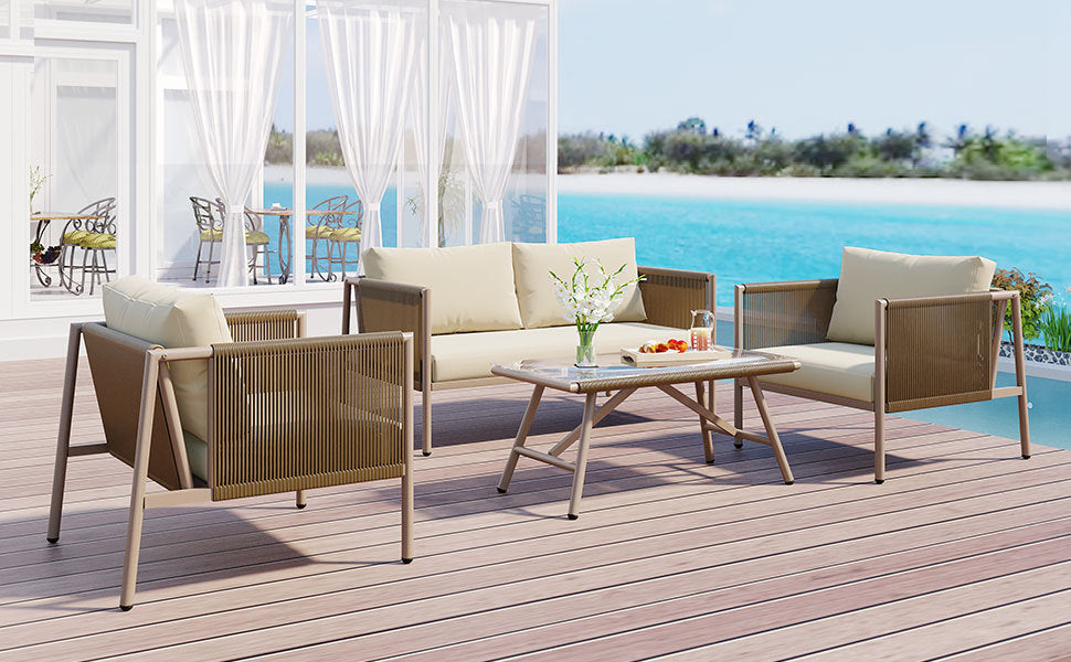 Sofa & Chair sets | 4-Piece Rope Sofa Set with Thick Cushions and Toughened Glass Table, All-Weather Patio Furniture Set For 4 Person With Loveseat, Beige | casafoyer.myshopify.com