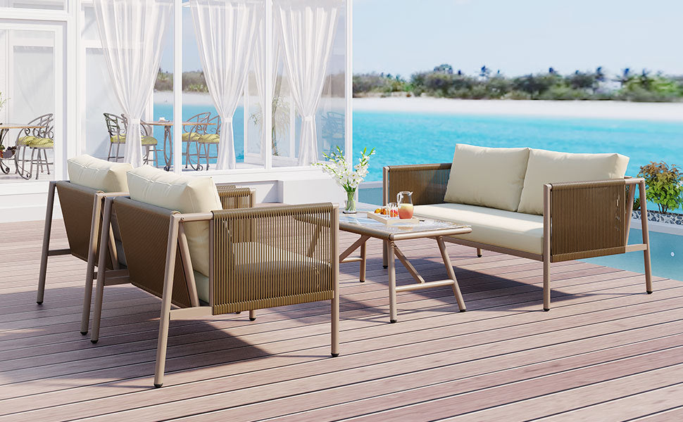 Sofa & Chair sets | 4-Piece Rope Sofa Set with Thick Cushions and Toughened Glass Table, All-Weather Patio Furniture Set For 4 Person With Loveseat, Beige | casafoyer.myshopify.com