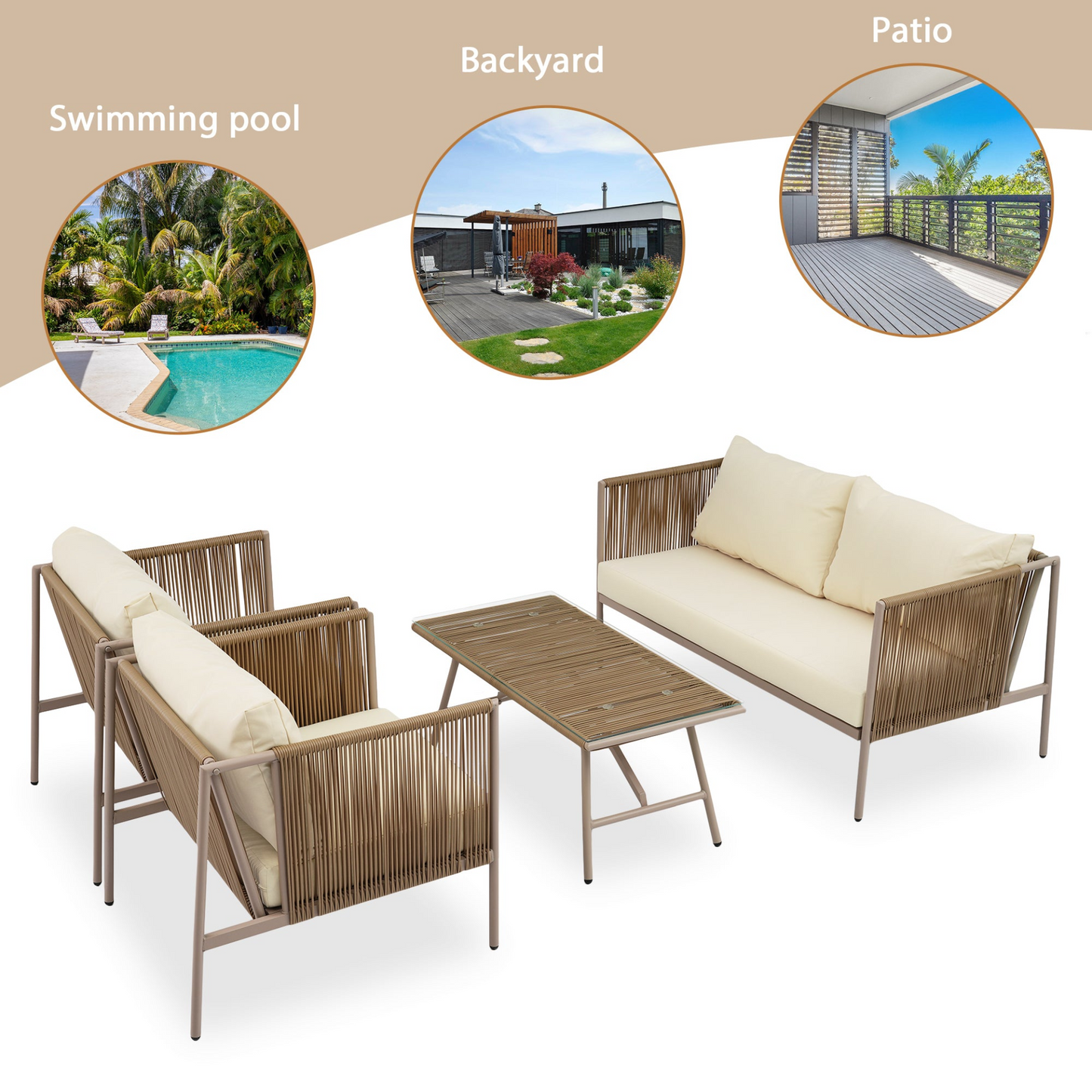 Sofa & Chair sets | 4-Piece Rope Sofa Set with Thick Cushions and Toughened Glass Table, All-Weather Patio Furniture Set For 4 Person With Loveseat, Beige | casafoyer.myshopify.com