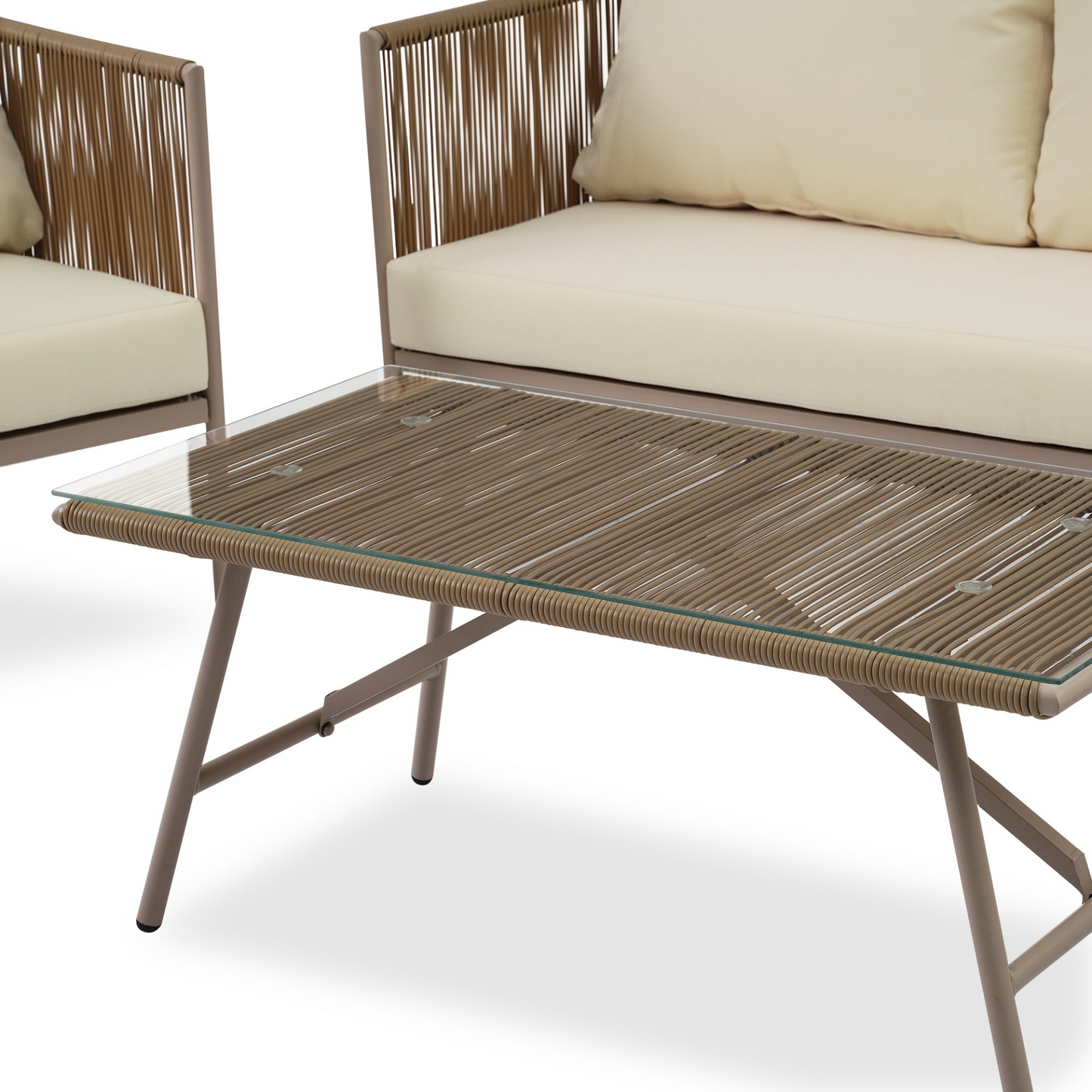 Sofa & Chair sets | 4-Piece Rope Sofa Set with Thick Cushions and Toughened Glass Table, All-Weather Patio Furniture Set For 4 Person With Loveseat, Beige | casafoyer.myshopify.com