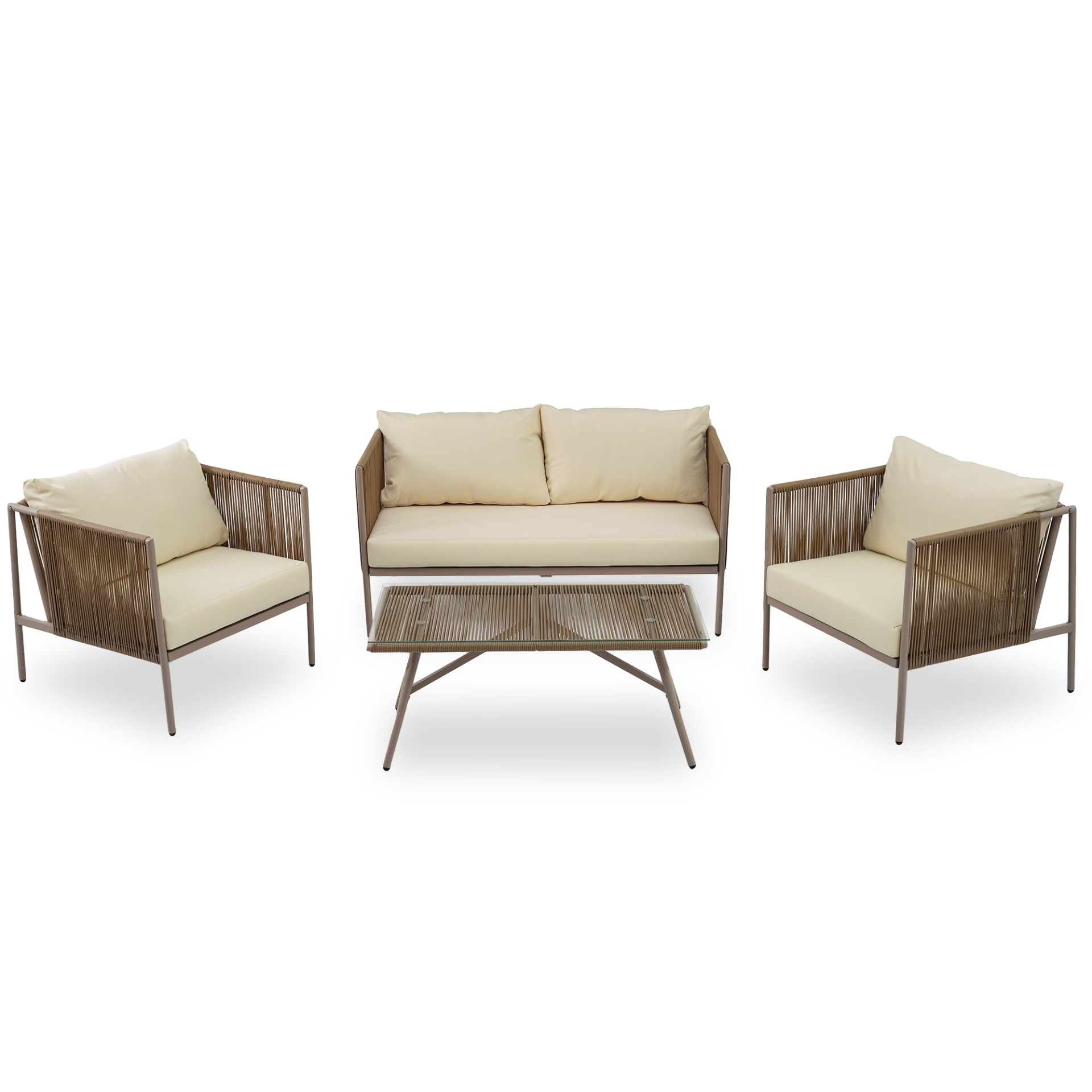 Sofa & Chair sets | 4-Piece Rope Sofa Set with Thick Cushions and Toughened Glass Table, All-Weather Patio Furniture Set For 4 Person With Loveseat, Beige | casafoyer.myshopify.com