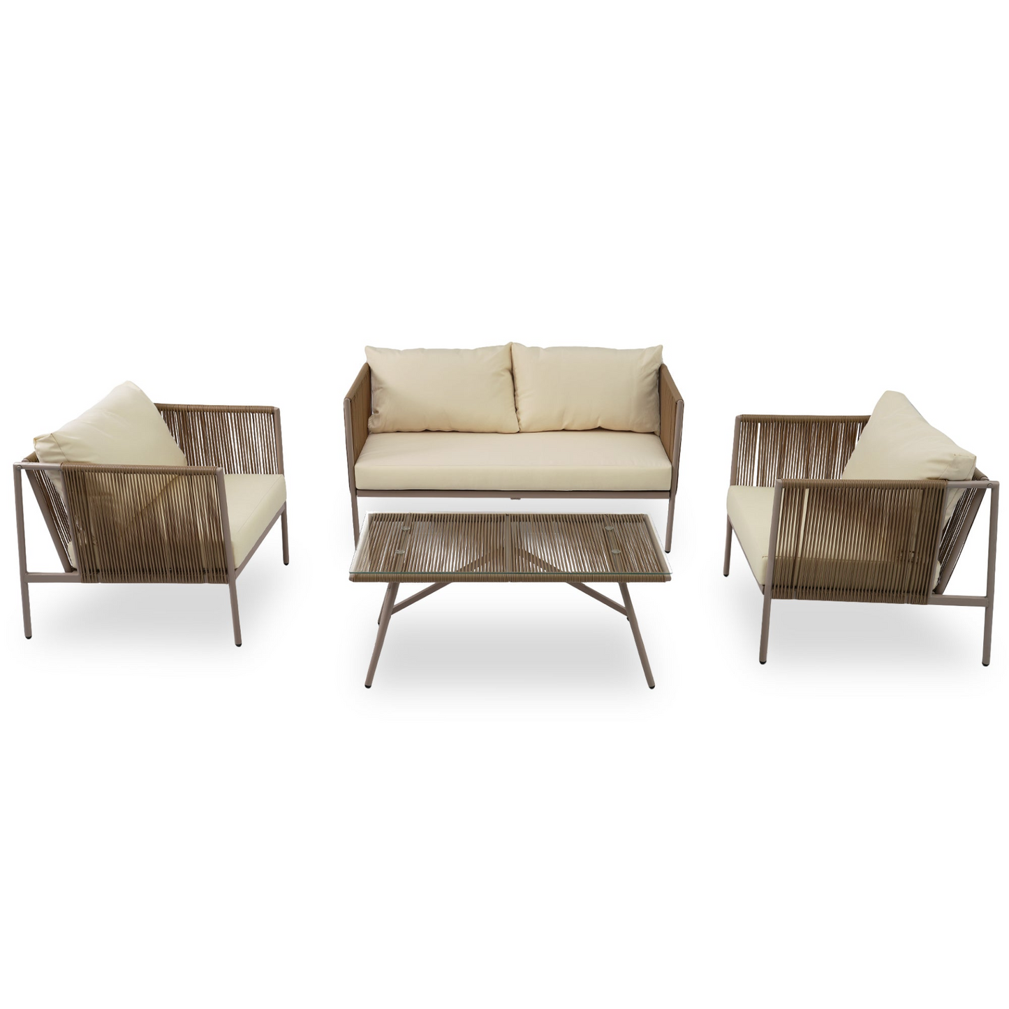 Sofa & Chair sets | 4-Piece Rope Sofa Set with Thick Cushions and Toughened Glass Table, All-Weather Patio Furniture Set For 4 Person With Loveseat, Beige | casafoyer.myshopify.com