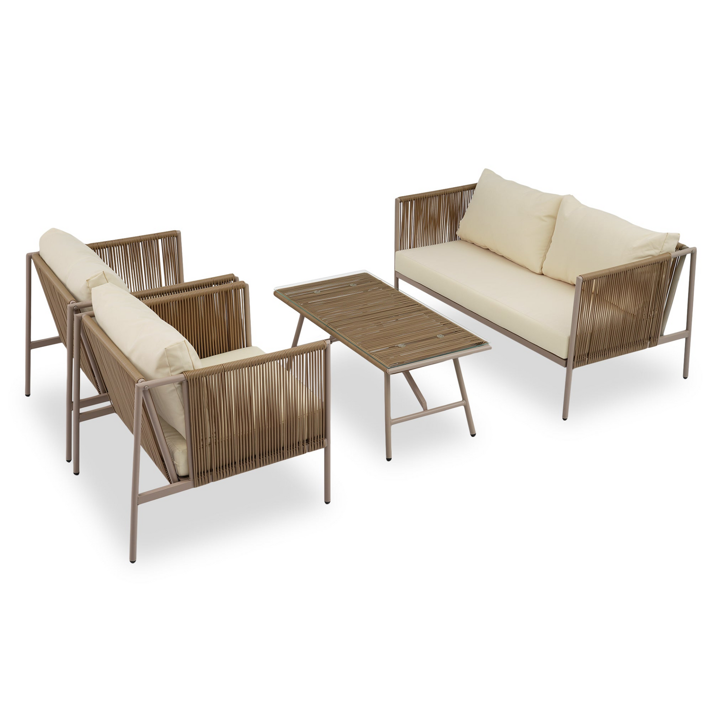 Sofa & Chair sets | 4-Piece Rope Sofa Set with Thick Cushions and Toughened Glass Table, All-Weather Patio Furniture Set For 4 Person With Loveseat, Beige | casafoyer.myshopify.com