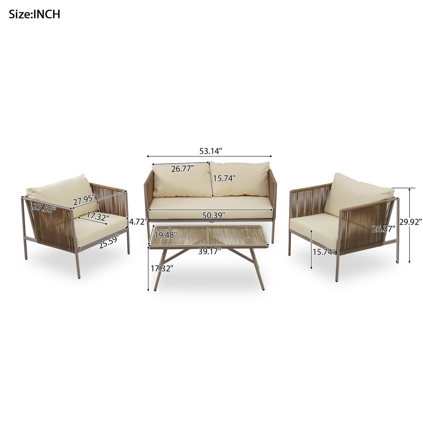 Sofa & Chair sets | 4-Piece Rope Sofa Set with Thick Cushions and Toughened Glass Table, All-Weather Patio Furniture Set For 4 Person With Loveseat, Beige | casafoyer.myshopify.com