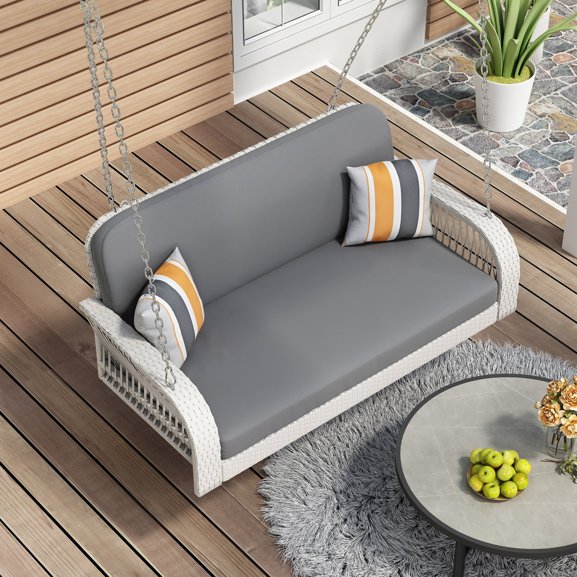 Patio Furntiure Sets | PE Wicker Porch Swing, 2-Seater Hanging Bench With Chains, Patio Furniture Swing For Backyard Garden Poolside, White And Gray | casafoyer.myshopify.com