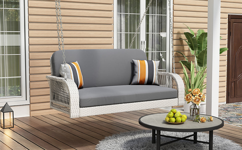 Patio Furntiure Sets | PE Wicker Porch Swing, 2-Seater Hanging Bench With Chains, Patio Furniture Swing For Backyard Garden Poolside, White And Gray | casafoyer.myshopify.com