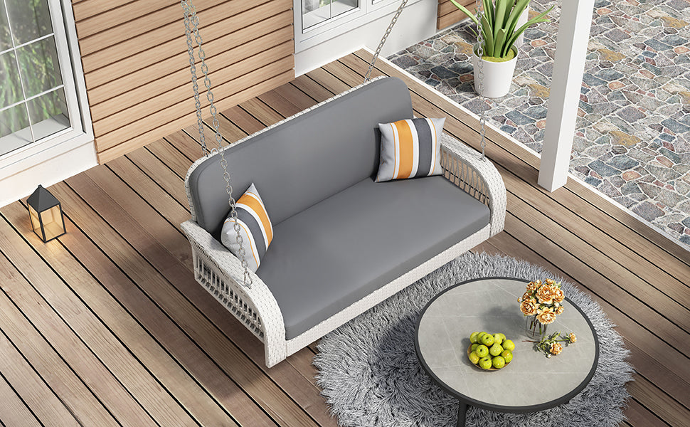 Patio Furntiure Sets | PE Wicker Porch Swing, 2-Seater Hanging Bench With Chains, Patio Furniture Swing For Backyard Garden Poolside, White And Gray | casafoyer.myshopify.com