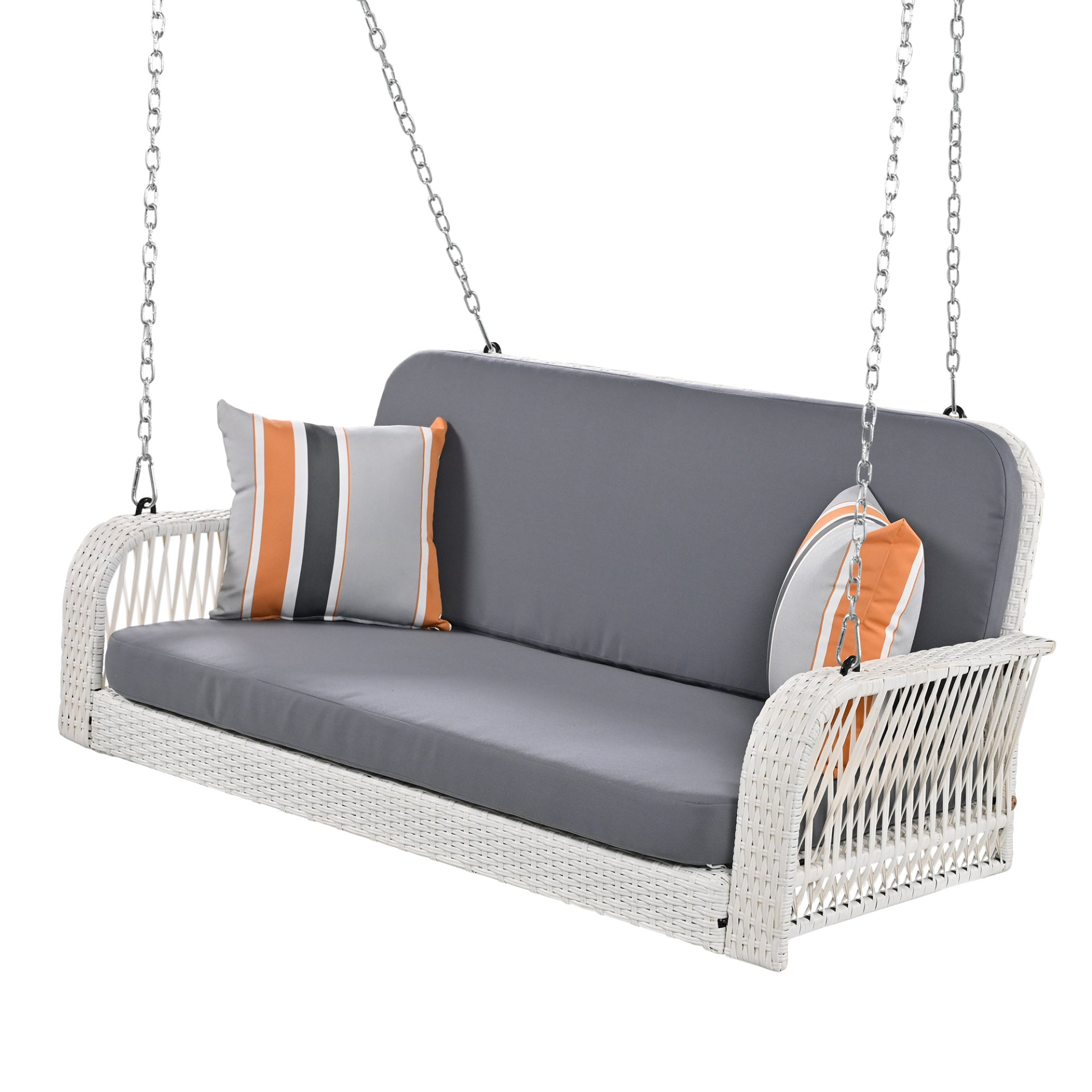 Patio Furntiure Sets | PE Wicker Porch Swing, 2-Seater Hanging Bench With Chains, Patio Furniture Swing For Backyard Garden Poolside, White And Gray | casafoyer.myshopify.com