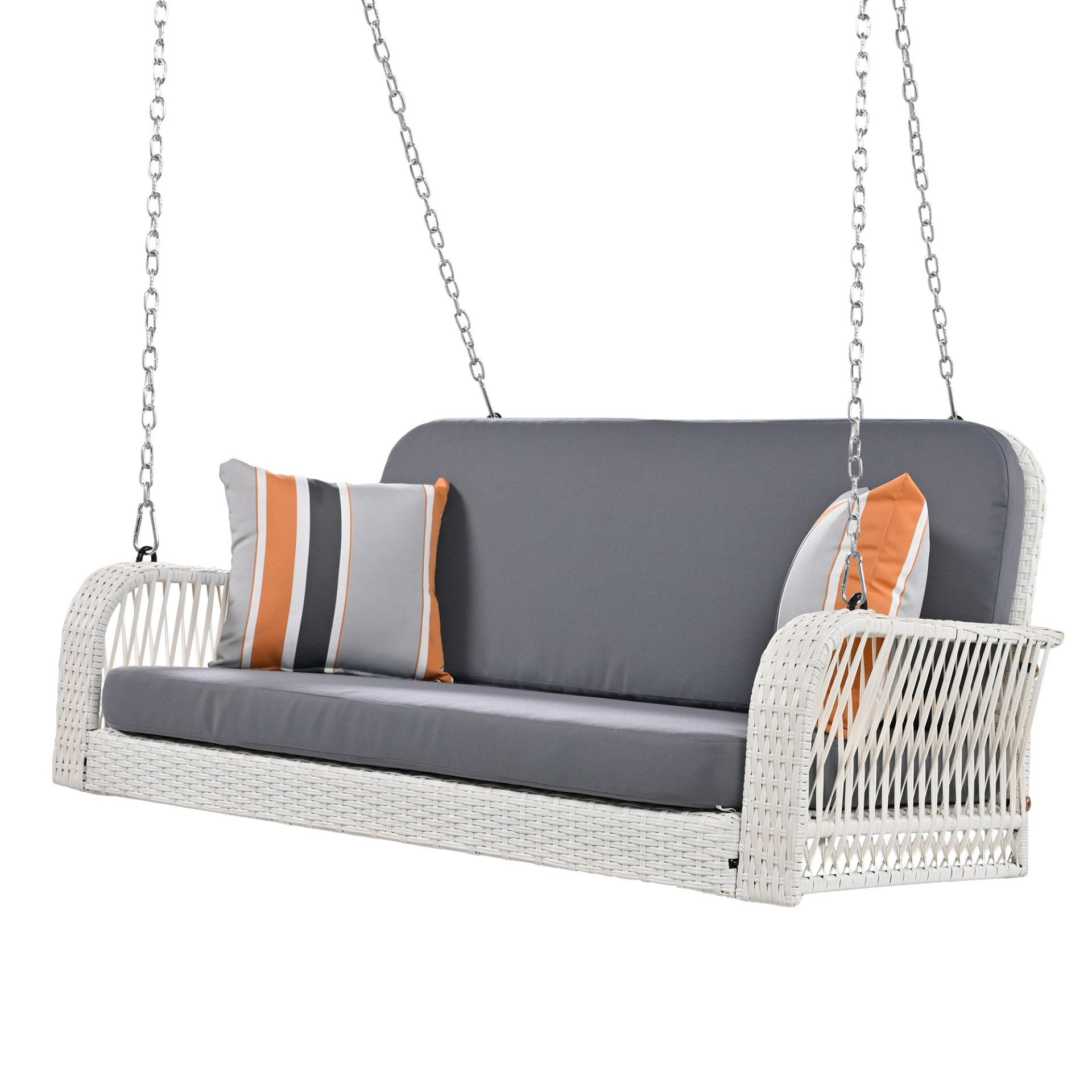 Patio Furntiure Sets | PE Wicker Porch Swing, 2-Seater Hanging Bench With Chains, Patio Furniture Swing For Backyard Garden Poolside, White And Gray | casafoyer.myshopify.com