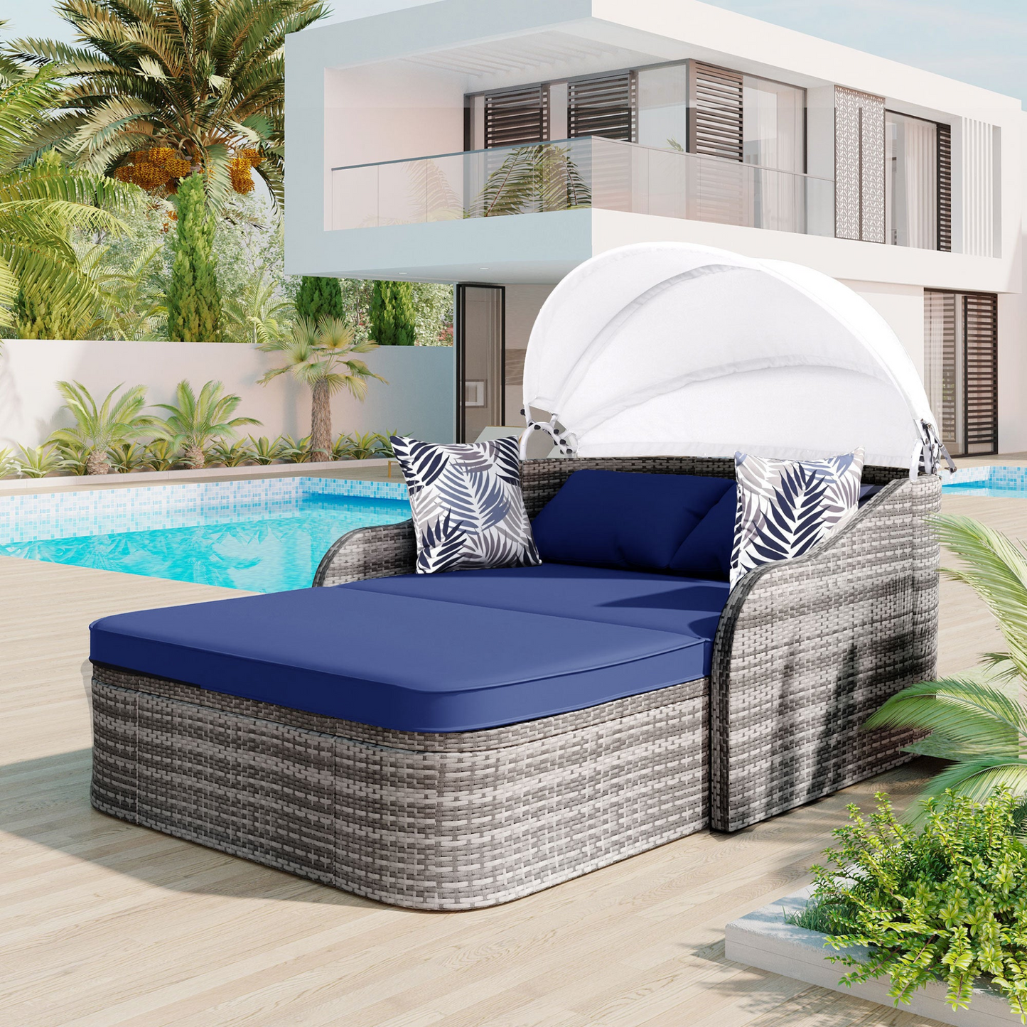 [product_type] | 79.9" Outdoor Sunbed with Adjustable Canopy, Daybed With Pillows, Double Lounge, PE Rattan Daybed, Gray Wicker And Blue Cushion | casafoyer.myshopify.com