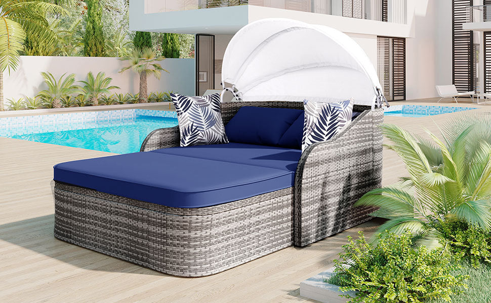 [product_type] | 79.9" Outdoor Sunbed with Adjustable Canopy, Daybed With Pillows, Double Lounge, PE Rattan Daybed, Gray Wicker And Blue Cushion | casafoyer.myshopify.com