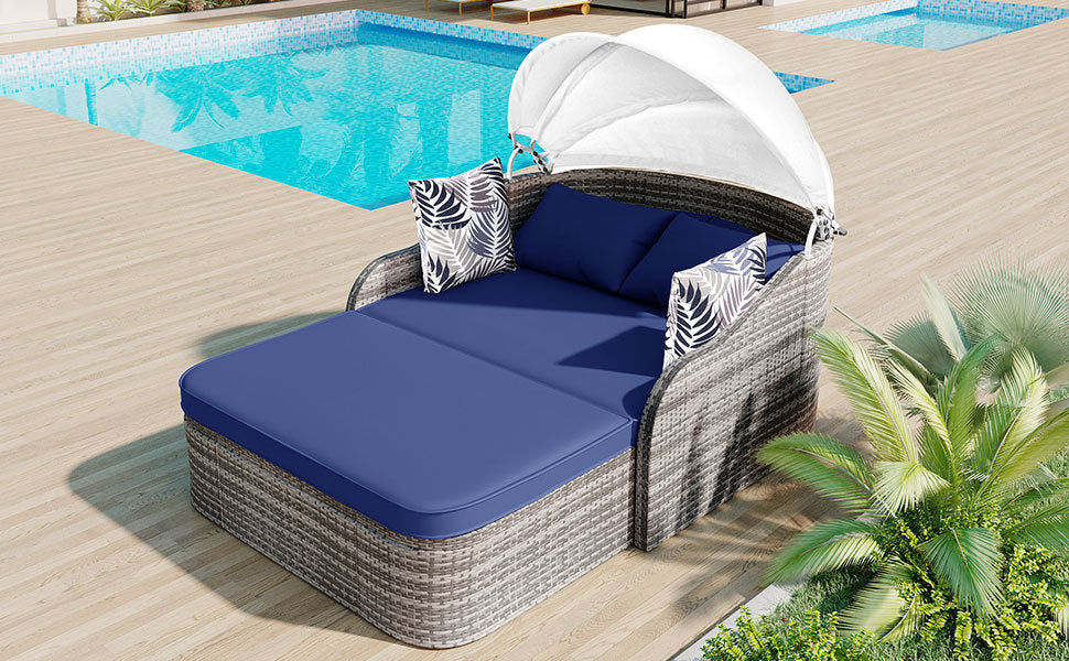 [product_type] | 79.9" Outdoor Sunbed with Adjustable Canopy, Daybed With Pillows, Double Lounge, PE Rattan Daybed, Gray Wicker And Blue Cushion | casafoyer.myshopify.com