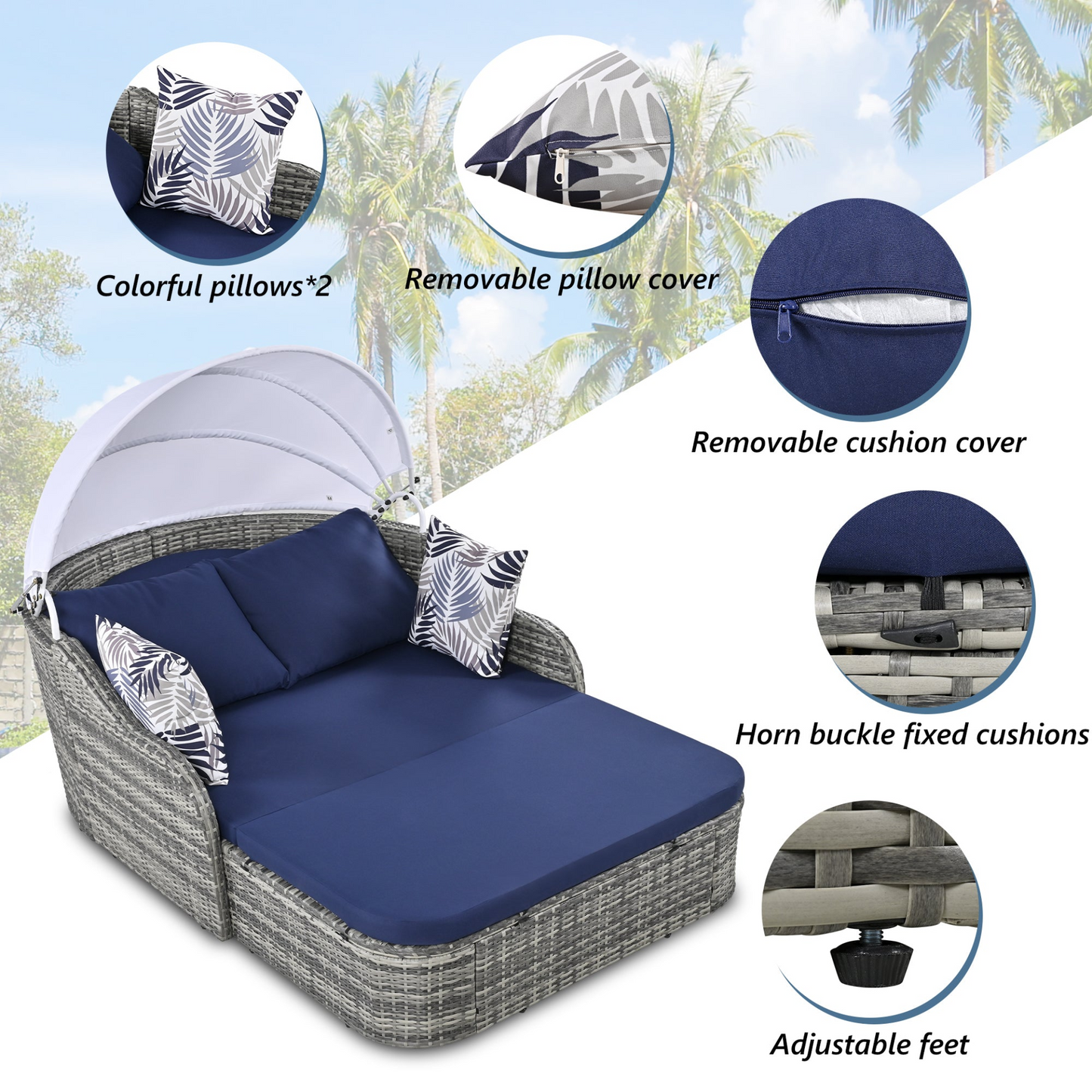 [product_type] | 79.9" Outdoor Sunbed with Adjustable Canopy, Daybed With Pillows, Double Lounge, PE Rattan Daybed, Gray Wicker And Blue Cushion | casafoyer.myshopify.com