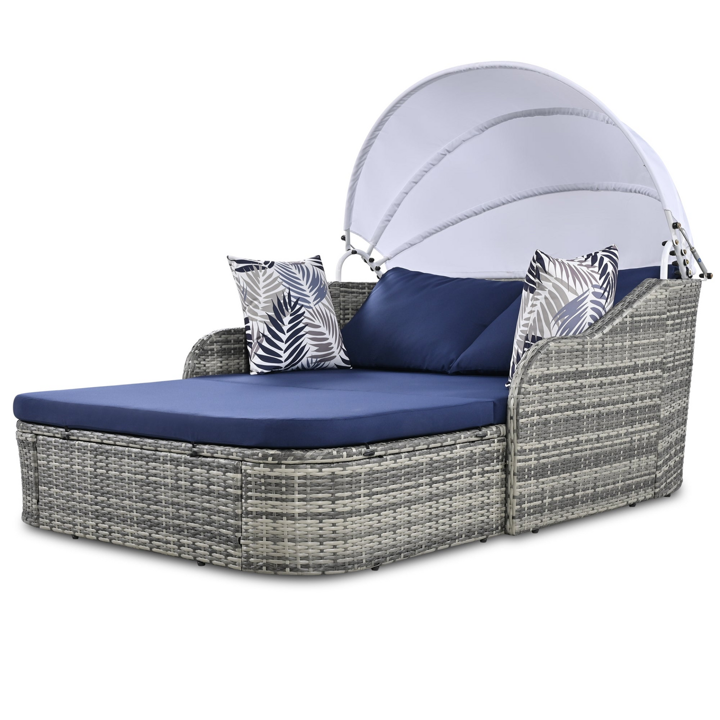 [product_type] | 79.9" Outdoor Sunbed with Adjustable Canopy, Daybed With Pillows, Double Lounge, PE Rattan Daybed, Gray Wicker And Blue Cushion | casafoyer.myshopify.com