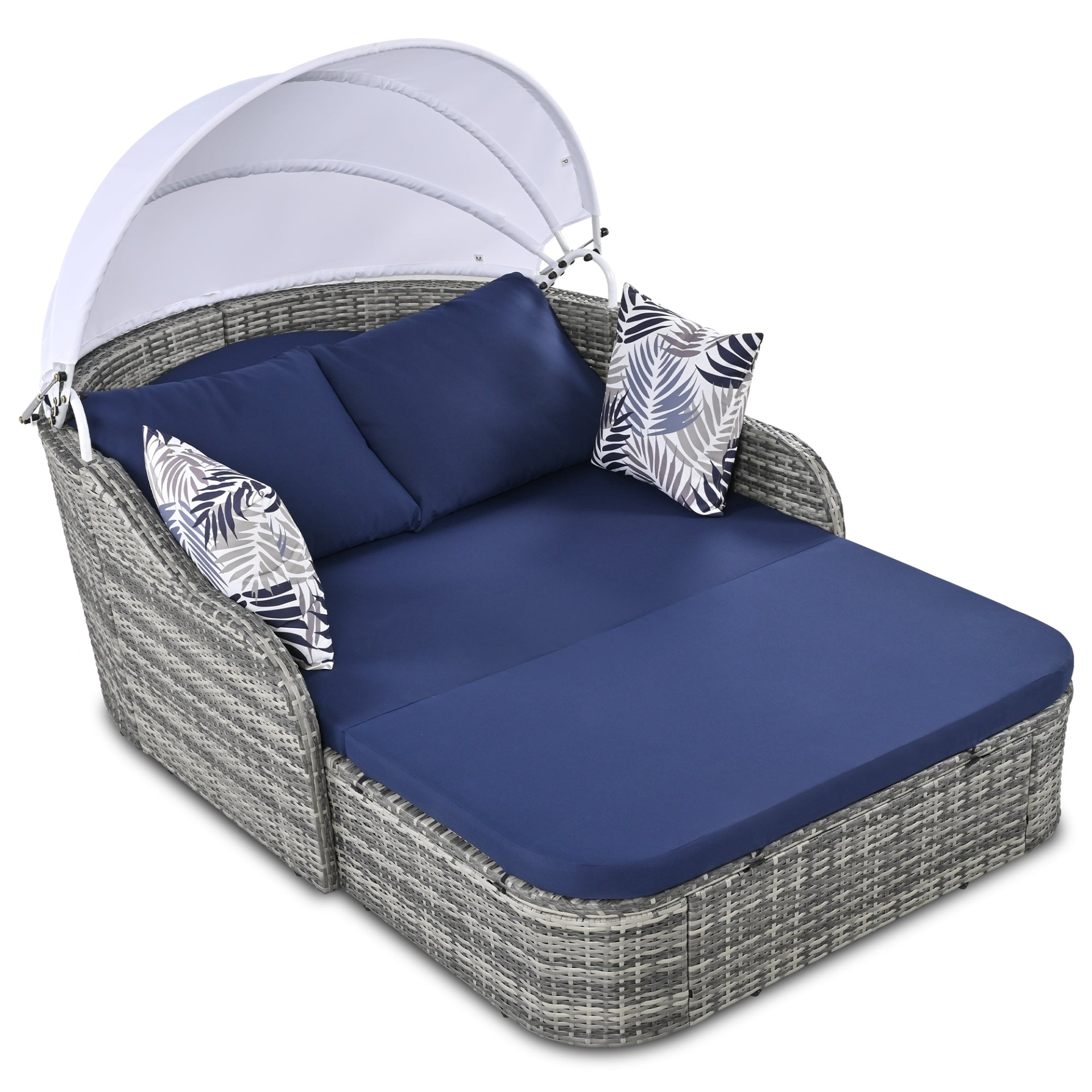 [product_type] | 79.9" Outdoor Sunbed with Adjustable Canopy, Daybed With Pillows, Double Lounge, PE Rattan Daybed, Gray Wicker And Blue Cushion | casafoyer.myshopify.com