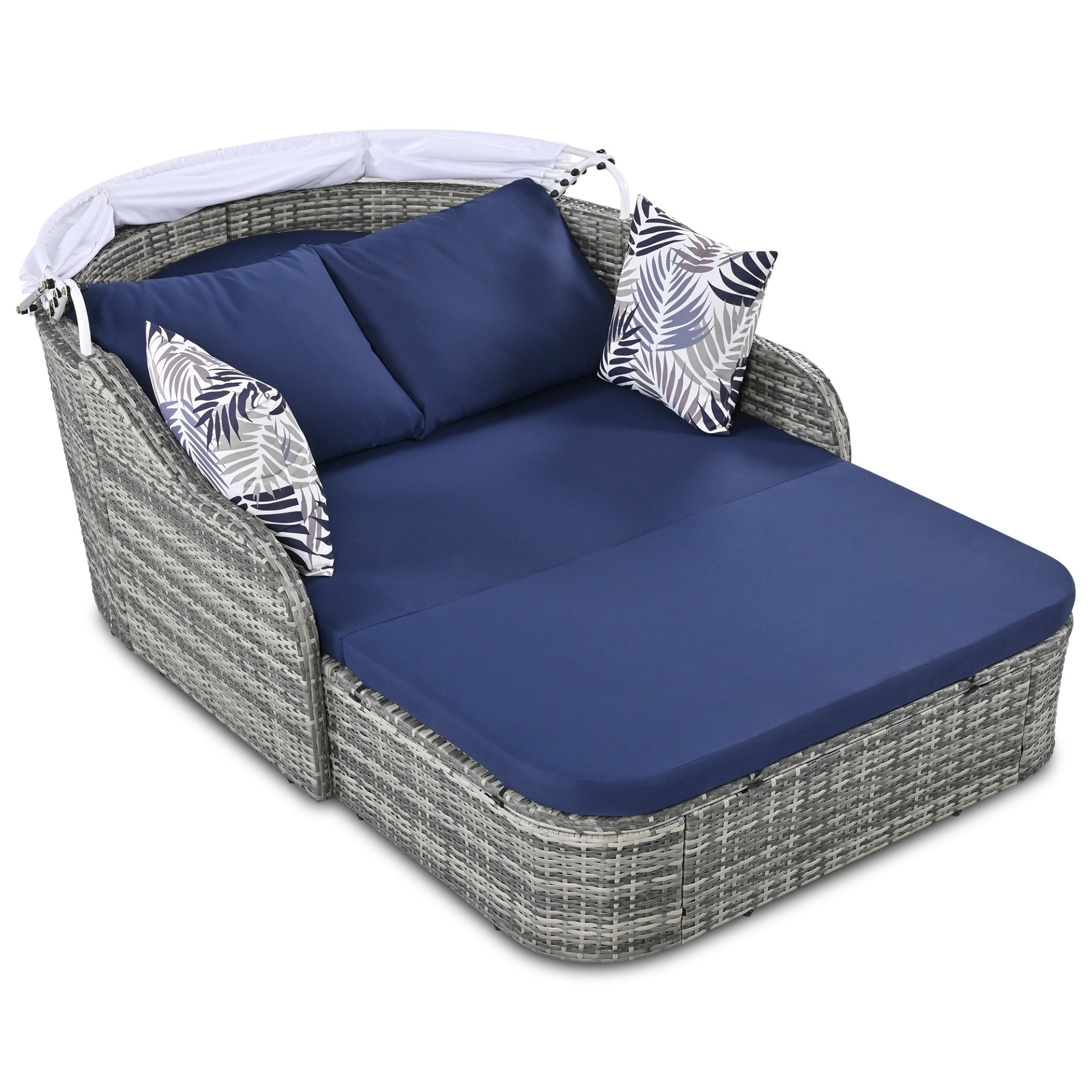 [product_type] | 79.9" Outdoor Sunbed with Adjustable Canopy, Daybed With Pillows, Double Lounge, PE Rattan Daybed, Gray Wicker And Blue Cushion | casafoyer.myshopify.com