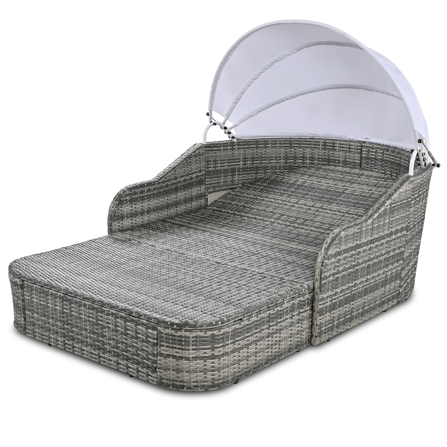 [product_type] | 79.9" Outdoor Sunbed with Adjustable Canopy, Daybed With Pillows, Double Lounge, PE Rattan Daybed, Gray Wicker And Blue Cushion | casafoyer.myshopify.com