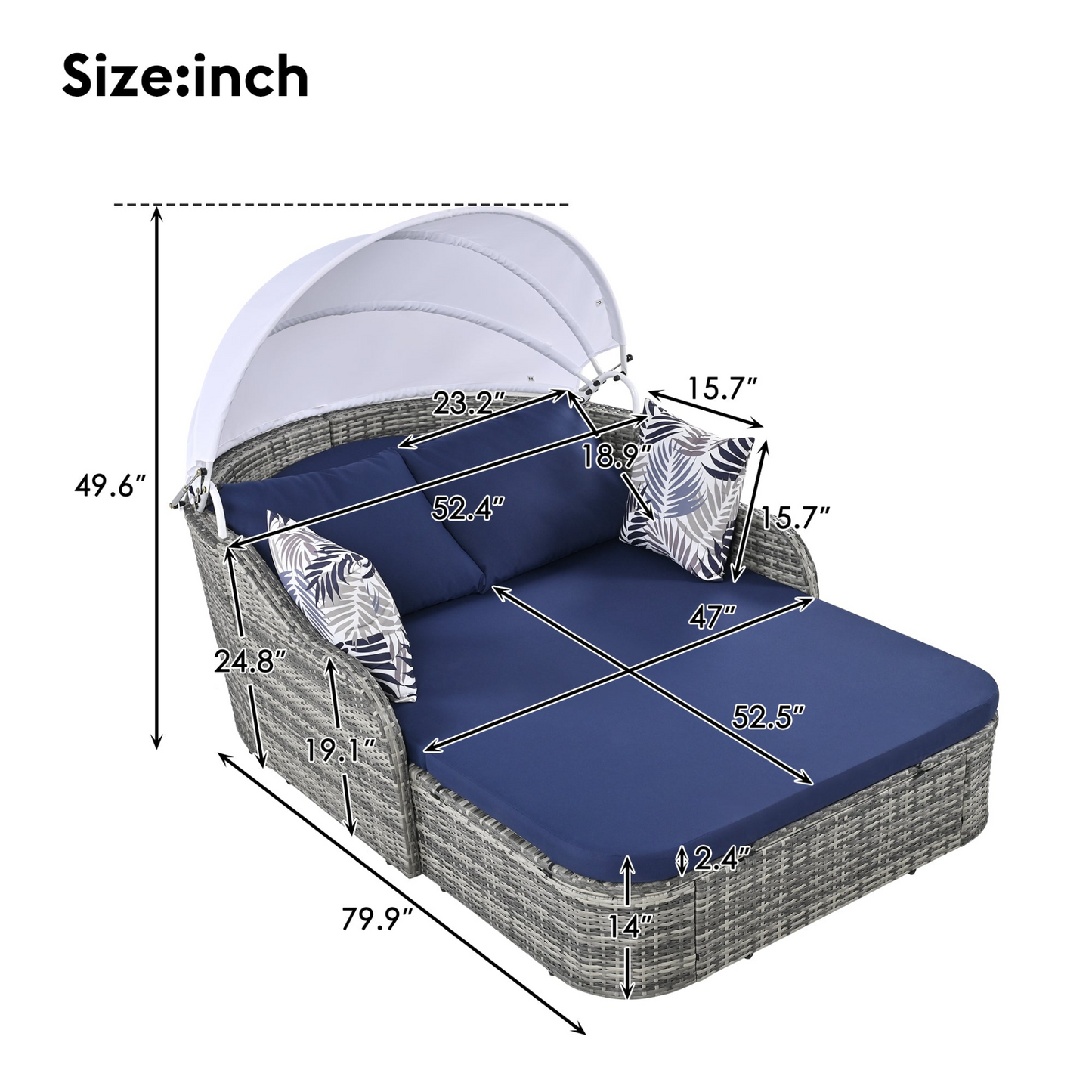 [product_type] | 79.9" Outdoor Sunbed with Adjustable Canopy, Daybed With Pillows, Double Lounge, PE Rattan Daybed, Gray Wicker And Blue Cushion | casafoyer.myshopify.com