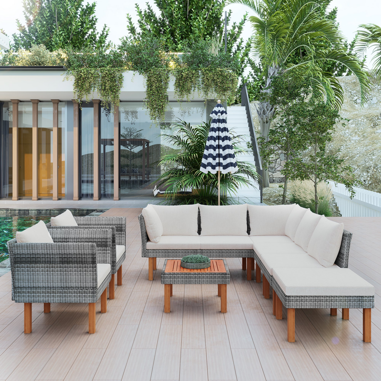 Patio Furntiure Sets | 9-Piece Outdoor Patio Garden Wicker Sofa Set, Gray PE Rattan Sofa Set | casafoyer.myshopify.com