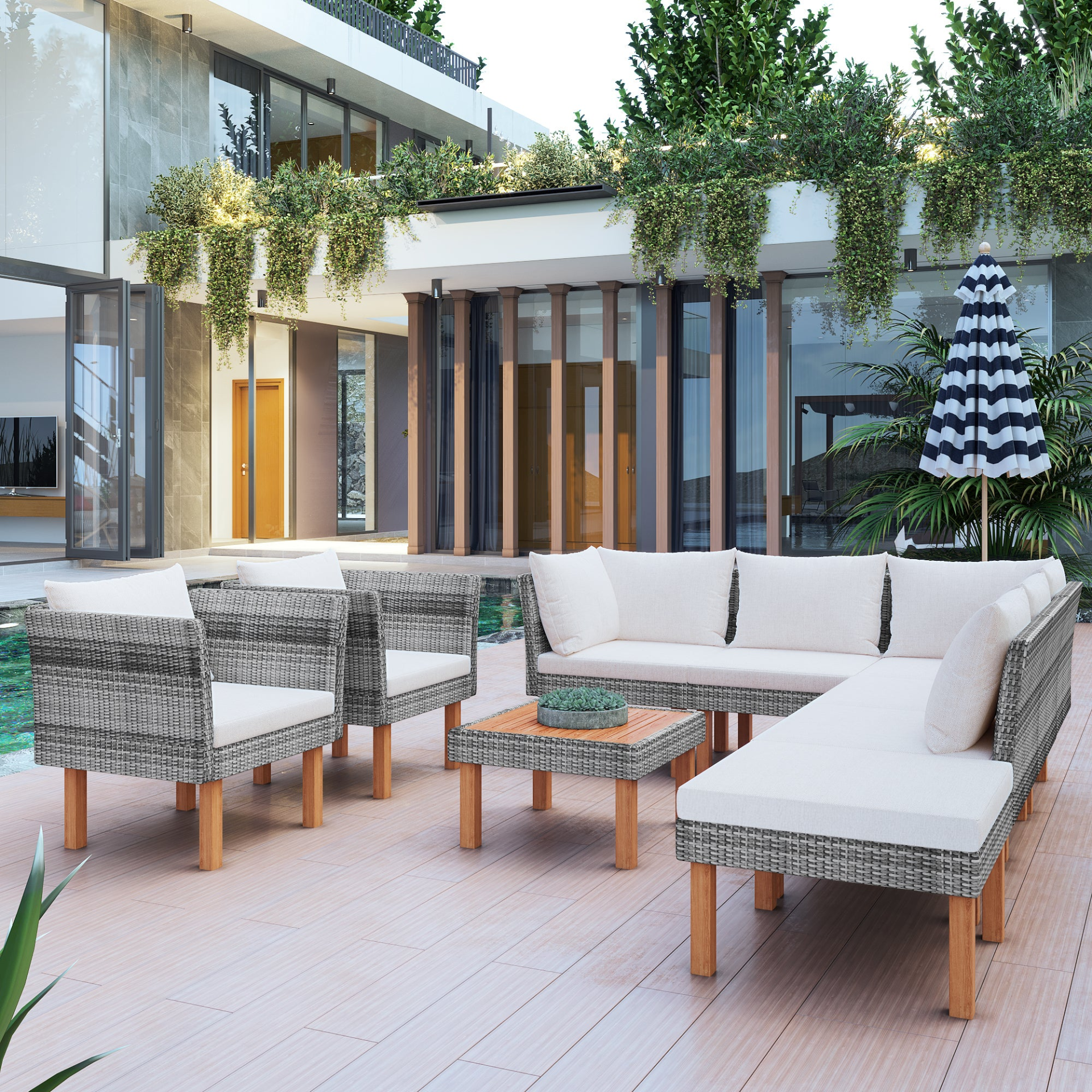 Patio Furntiure Sets | 9-Piece Outdoor Patio Garden Wicker Sofa Set, Gray PE Rattan Sofa Set | casafoyer.myshopify.com