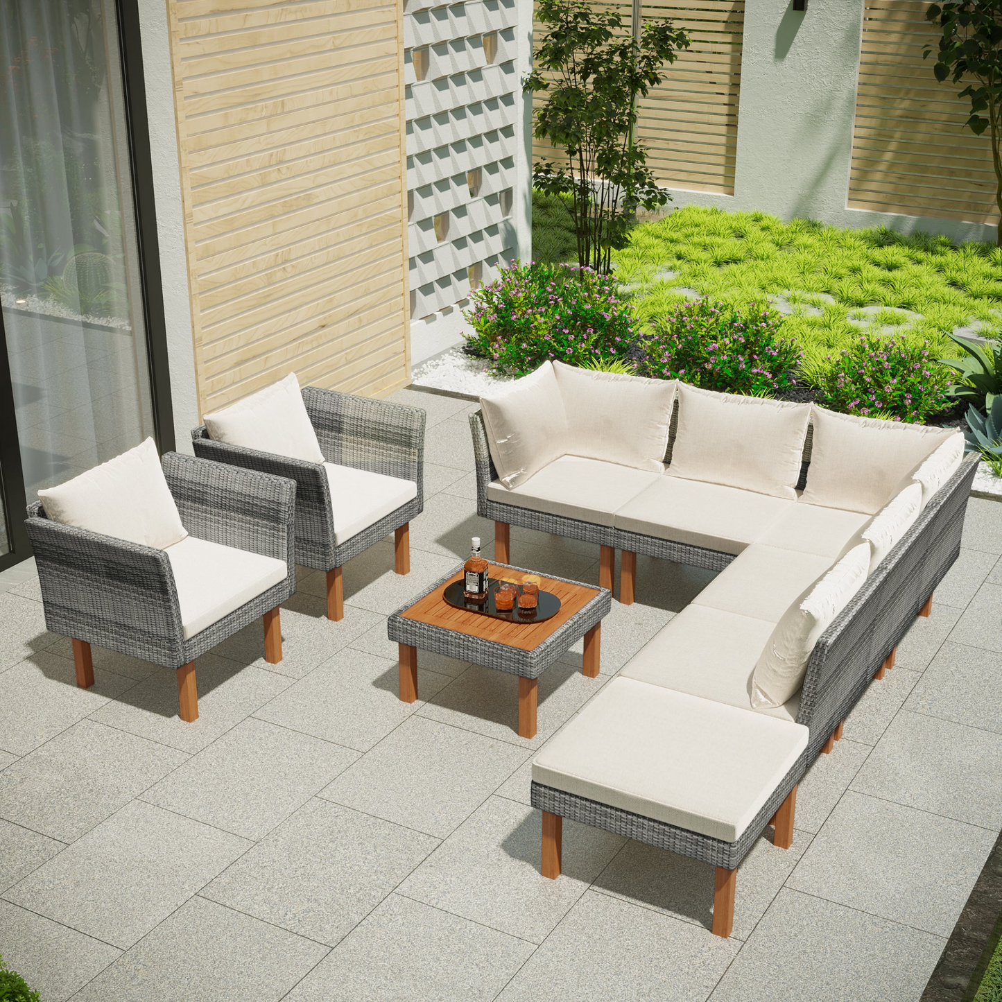 Patio Furntiure Sets | 9-Piece Outdoor Patio Garden Wicker Sofa Set, Gray PE Rattan Sofa Set | casafoyer.myshopify.com