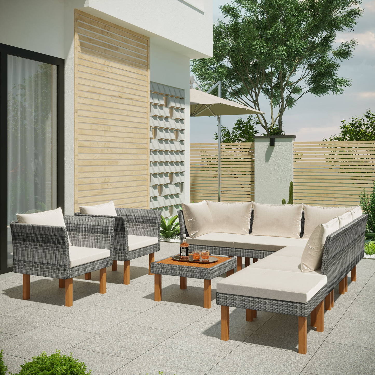 Patio Furntiure Sets | 9-Piece Outdoor Patio Garden Wicker Sofa Set, Gray PE Rattan Sofa Set | casafoyer.myshopify.com