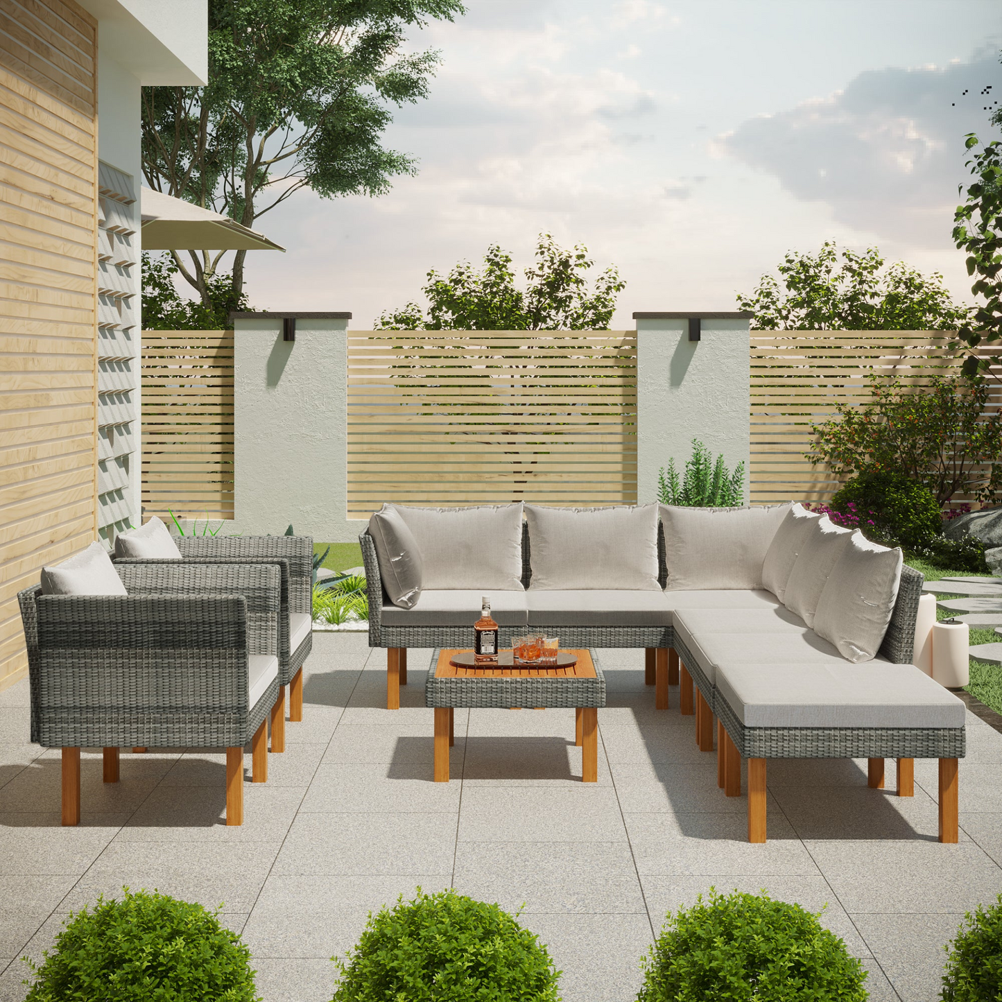 Patio Furntiure Sets | 9-Piece Outdoor Patio Garden Wicker Sofa Set, Gray PE Rattan Sofa Set | casafoyer.myshopify.com