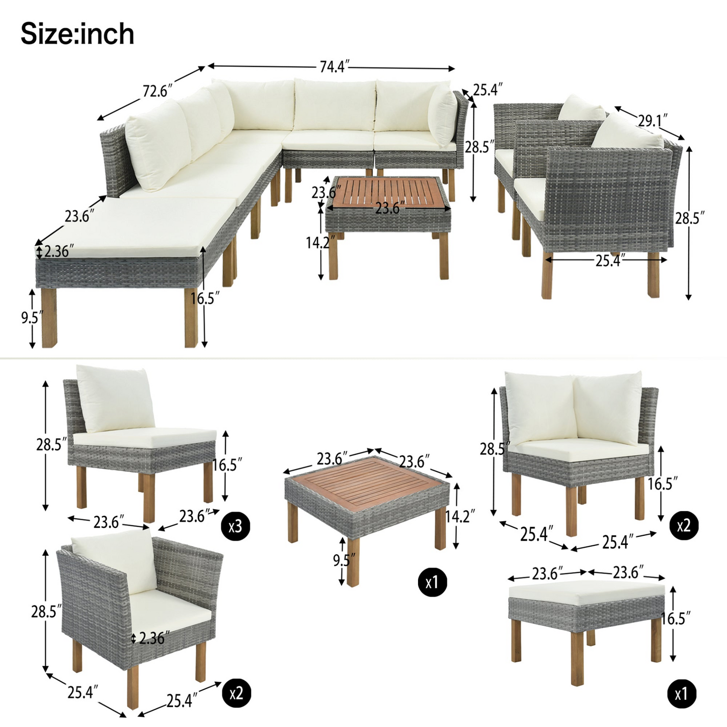 Patio Furntiure Sets | 9-Piece Outdoor Patio Garden Wicker Sofa Set, Gray PE Rattan Sofa Set | casafoyer.myshopify.com