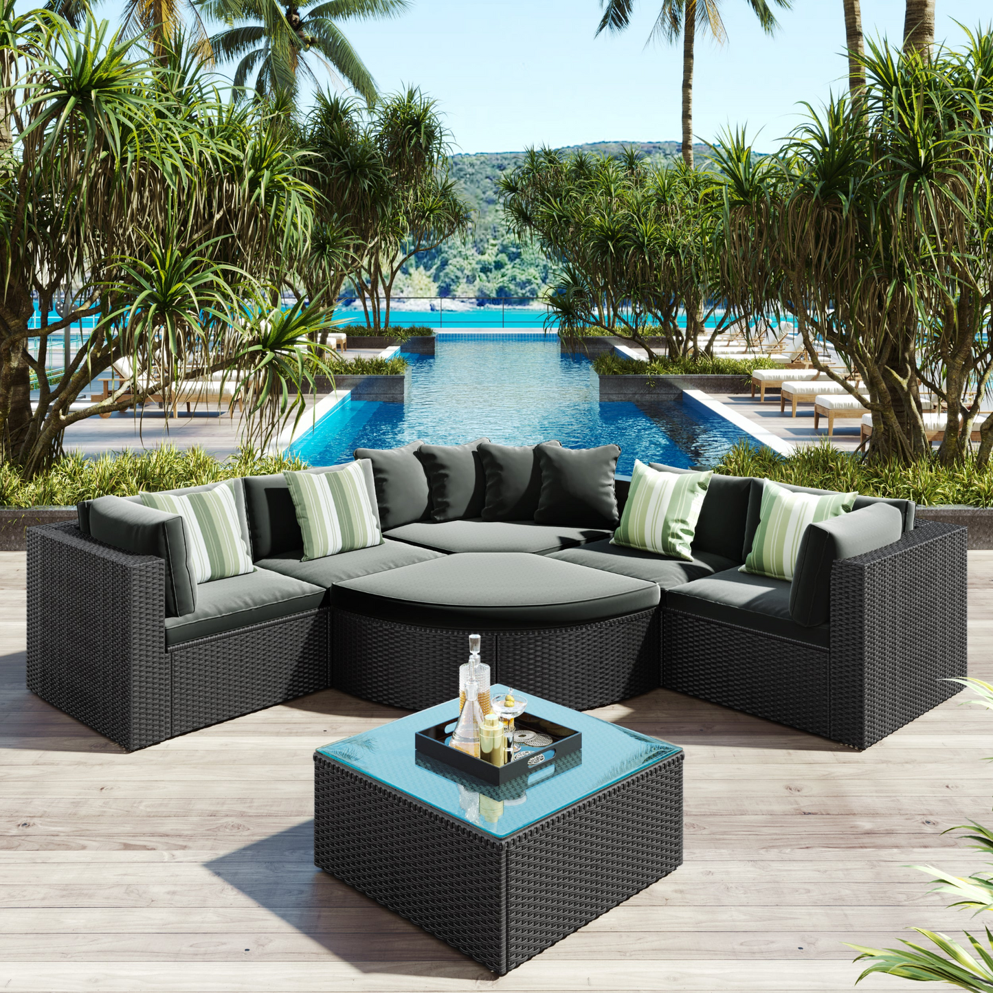 Patio Furntiure Sets | 7-Piece Outdoor Wicker Sofa Set - Rattan Sofa Lounger with Striped Green Pillows | casafoyer.myshopify.com