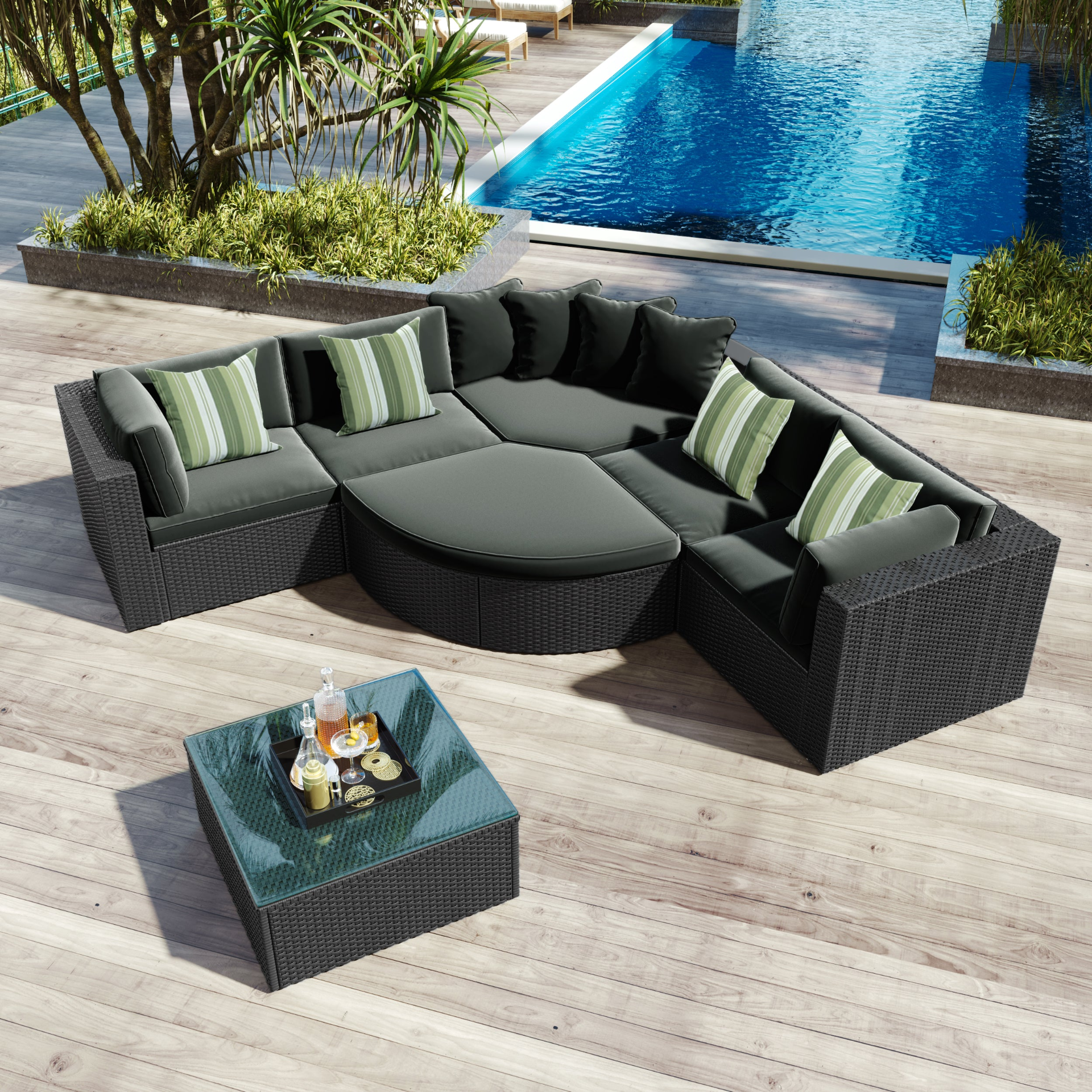 Patio Furntiure Sets | 7-Piece Outdoor Wicker Sofa Set - Rattan Sofa Lounger with Striped Green Pillows | casafoyer.myshopify.com