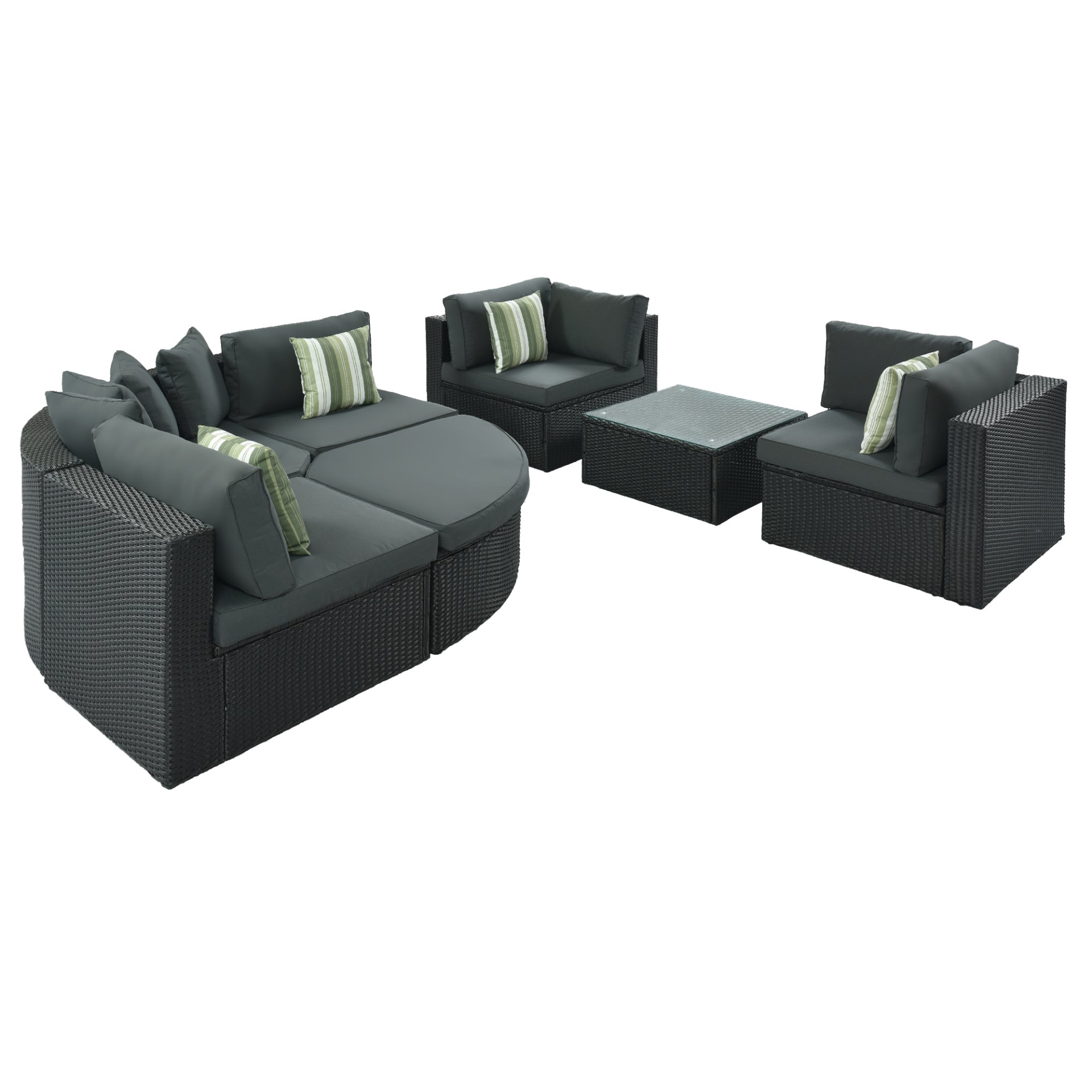 Patio Furntiure Sets | 7-Piece Outdoor Wicker Sofa Set - Rattan Sofa Lounger with Striped Green Pillows | casafoyer.myshopify.com