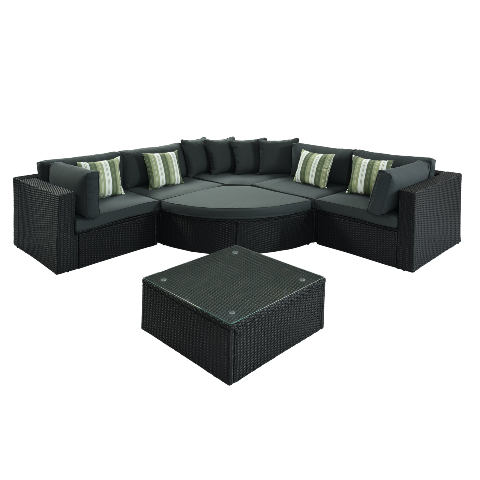 Patio Furntiure Sets | 7-Piece Outdoor Wicker Sofa Set - Rattan Sofa Lounger with Striped Green Pillows | casafoyer.myshopify.com