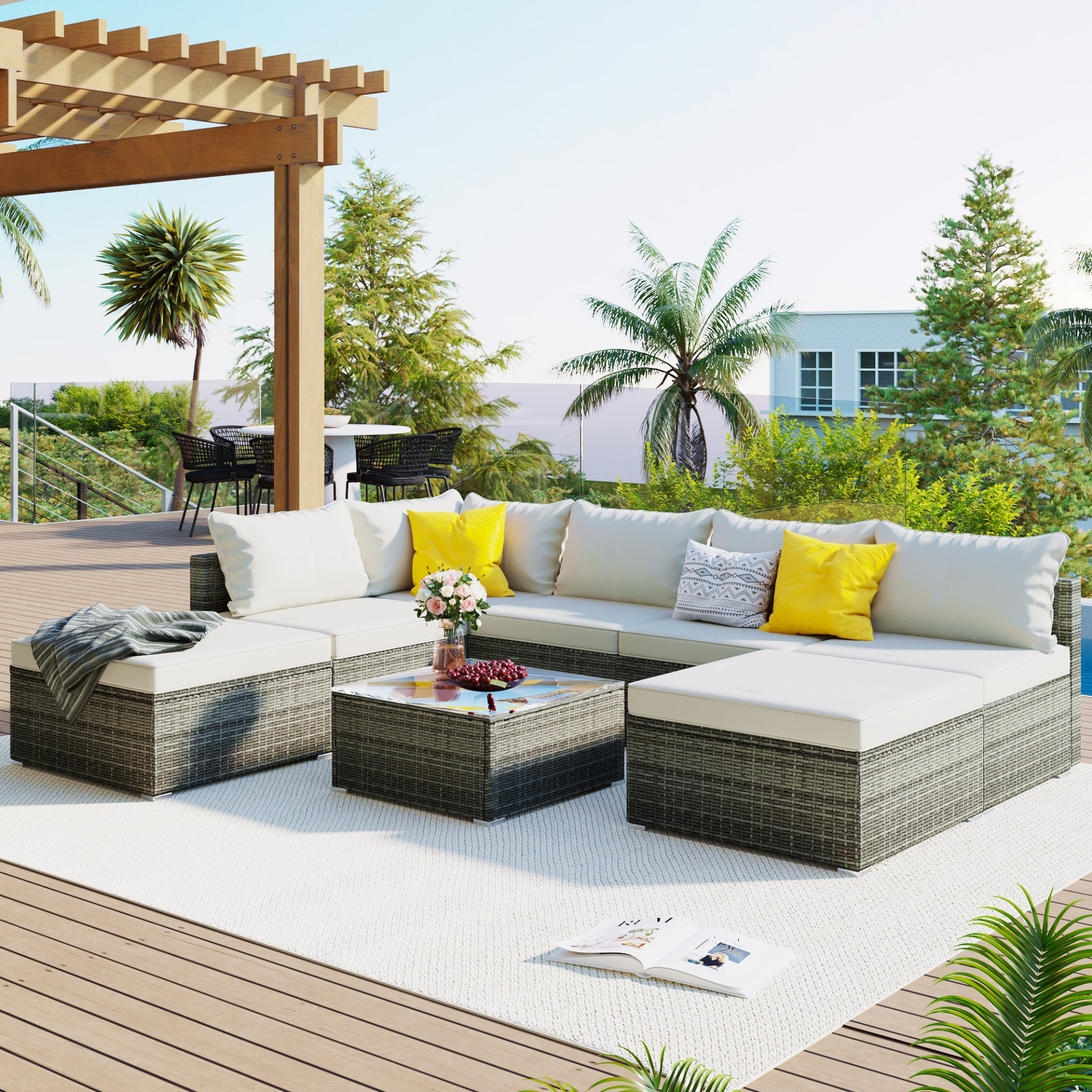 Patio Furntiure Sets | 8-Pieces Outdoor Patio Furniture Sets, Garden Conversation Wicker Sofa Set, Single Sofa Combinable, Beige Cushions Gray Wicker | casafoyer.myshopify.com