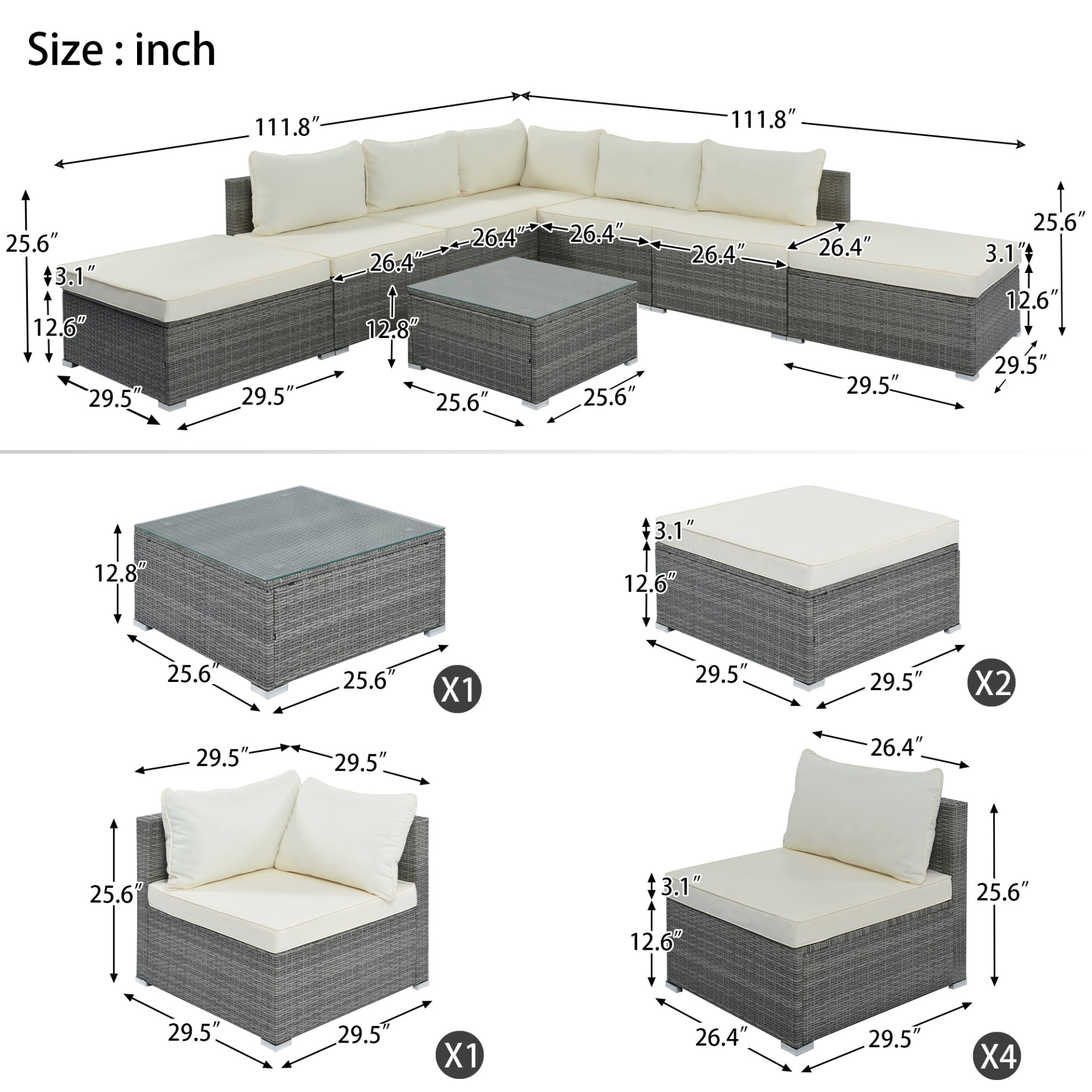 Patio Furntiure Sets | 8-Pieces Outdoor Patio Furniture Sets, Garden Conversation Wicker Sofa Set, Single Sofa Combinable, Beige Cushions Gray Wicker | casafoyer.myshopify.com